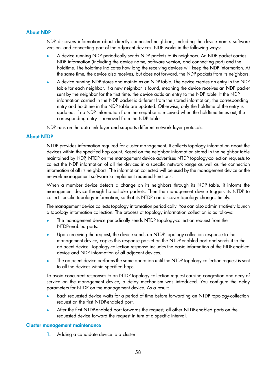 About ndp, About ntdp, Cluster management maintenance | H3C Technologies H3C MSR 50 User Manual | Page 71 / 239