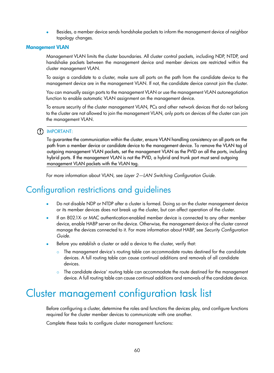 Management vlan, Configuration restrictions and guidelines, Cluster management configuration task list | H3C Technologies H3C MSR 50 User Manual | Page 73 / 239