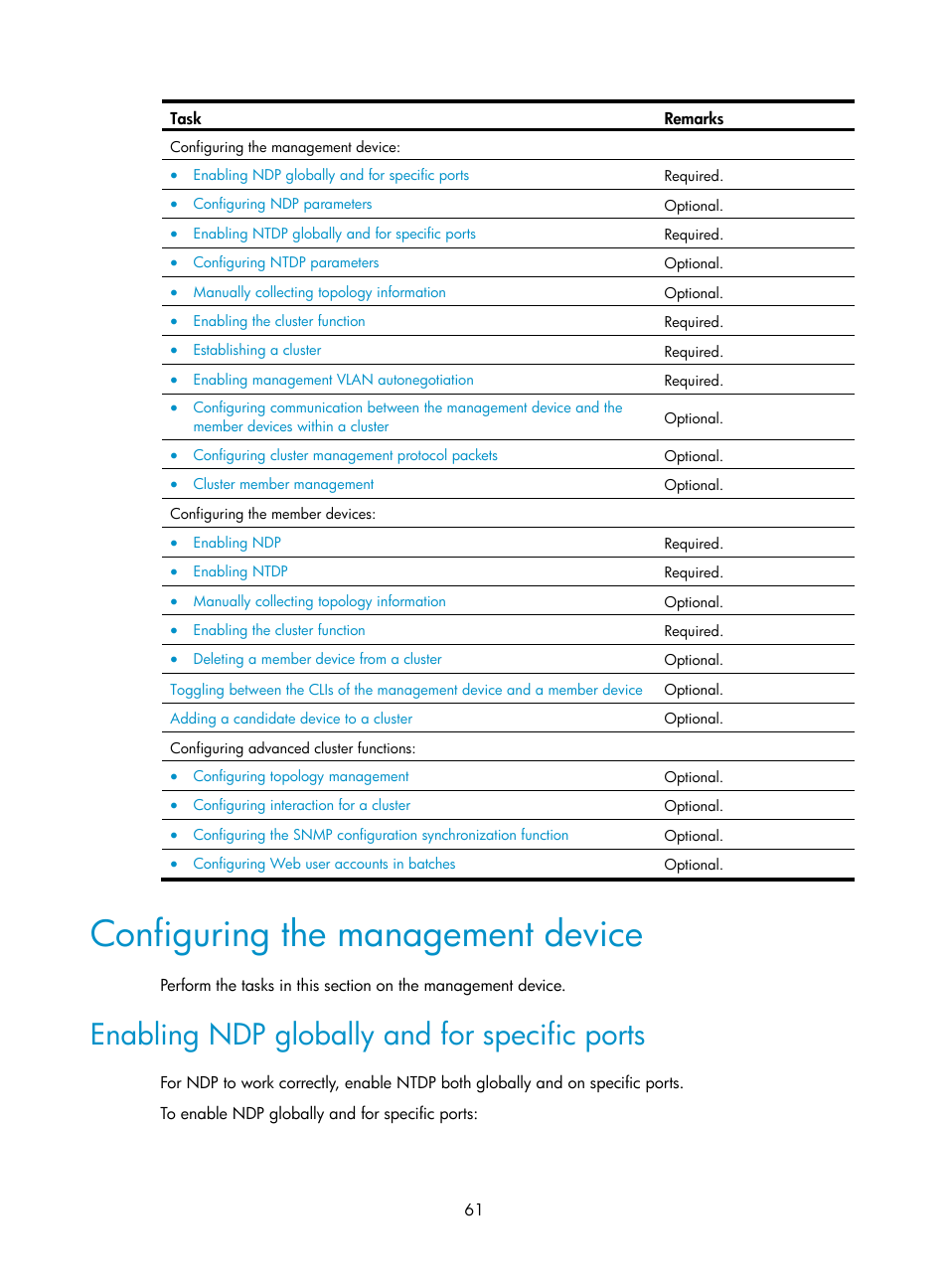 Configuring the management device, Enabling ndp globally and for specific ports | H3C Technologies H3C MSR 50 User Manual | Page 74 / 239