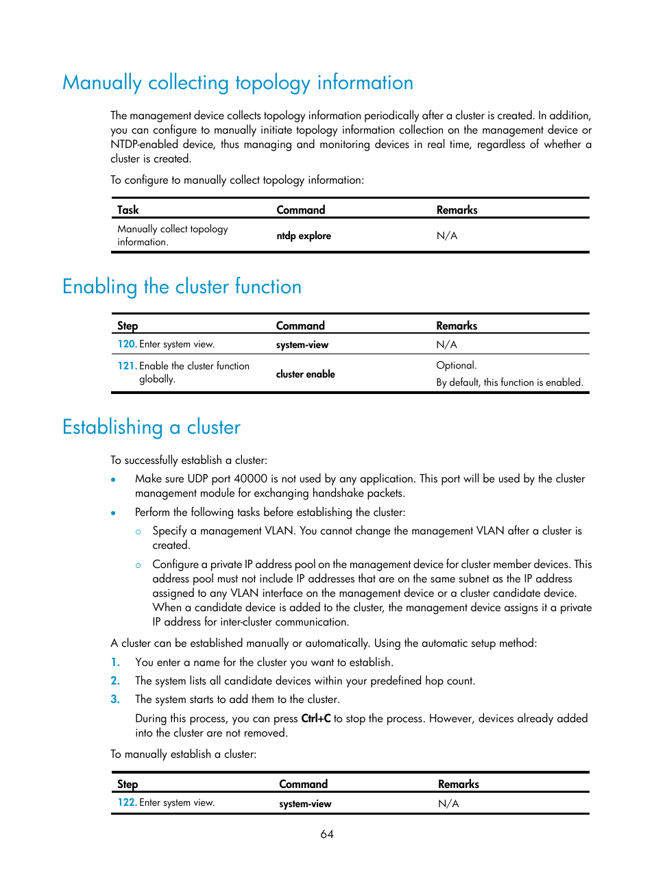 Manually collecting topology information, Enabling the cluster function, Establishing a cluster | H3C Technologies H3C MSR 50 User Manual | Page 77 / 239