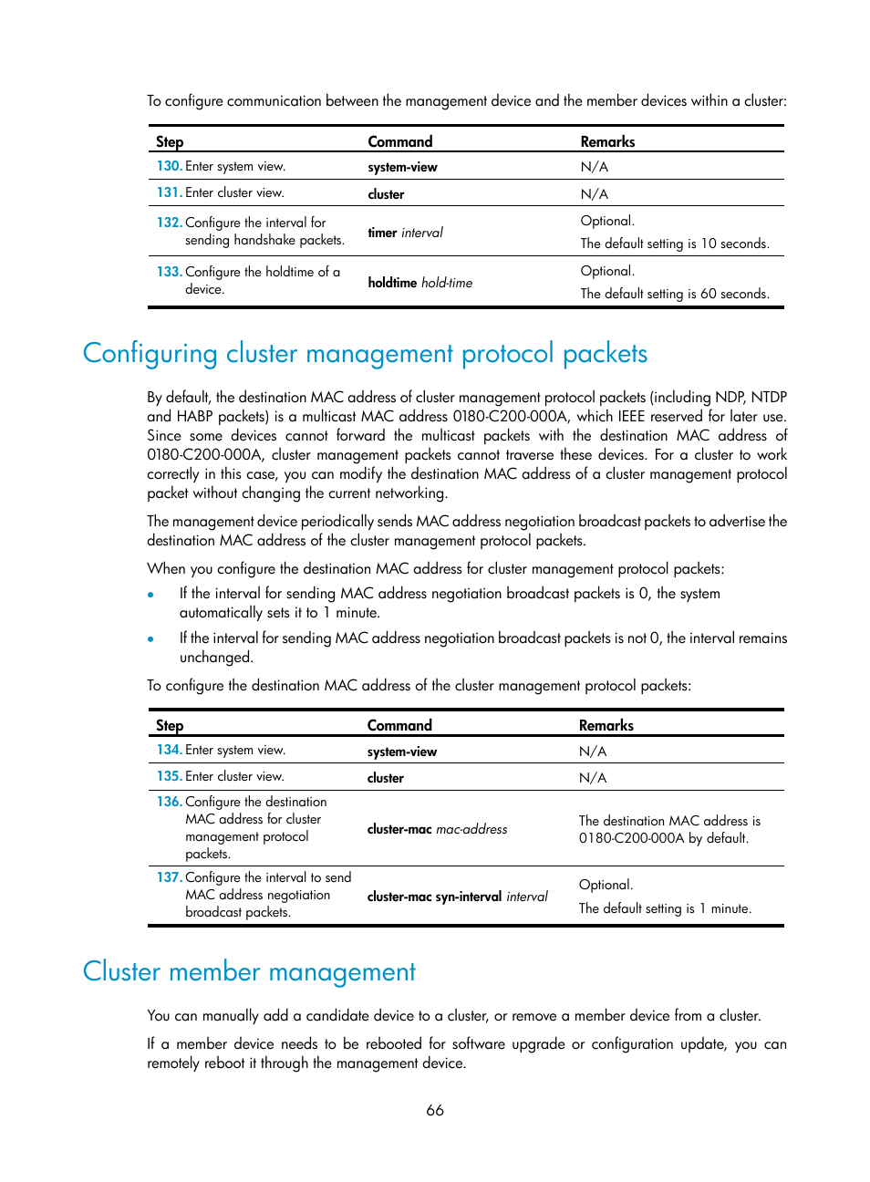 Configuring cluster management protocol packets, Cluster member management | H3C Technologies H3C MSR 50 User Manual | Page 79 / 239