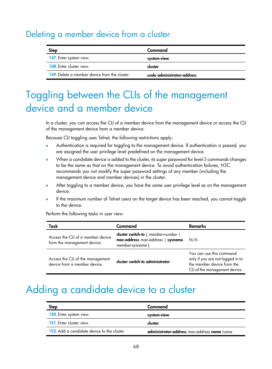 Deleting a member device from a cluster, Adding a candidate device to a cluster | H3C Technologies H3C MSR 50 User Manual | Page 81 / 239