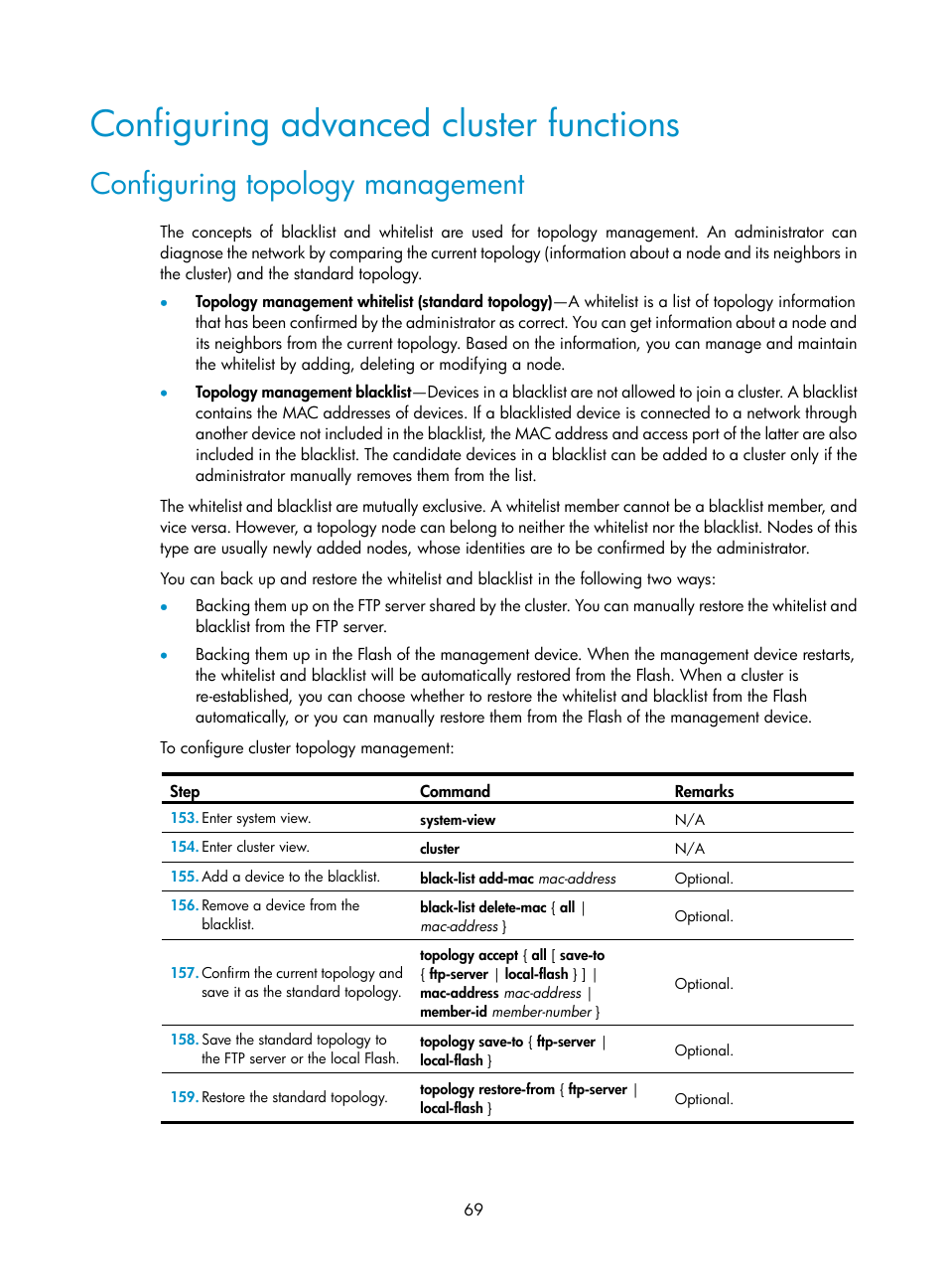 Configuring advanced cluster functions, Configuring topology management | H3C Technologies H3C MSR 50 User Manual | Page 82 / 239