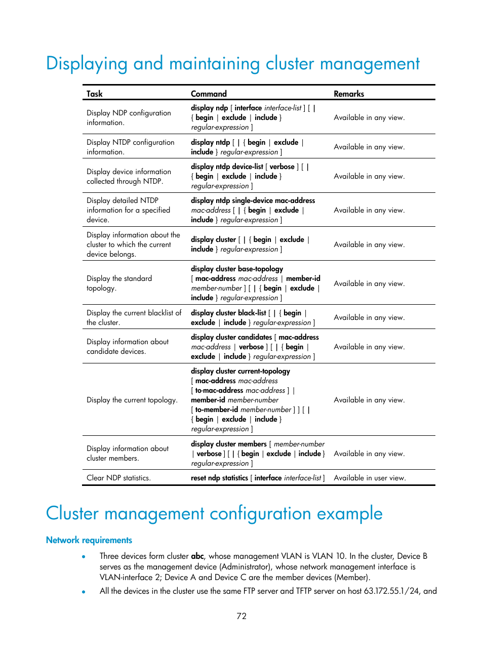 Displaying and maintaining cluster management, Cluster management configuration example, Network requirements | H3C Technologies H3C MSR 50 User Manual | Page 85 / 239