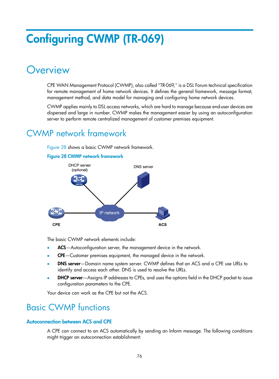 Configuring cwmp (tr-069), Overview, Cwmp network framework | Basic cwmp functions, Autoconnection between acs and cpe | H3C Technologies H3C MSR 50 User Manual | Page 89 / 239