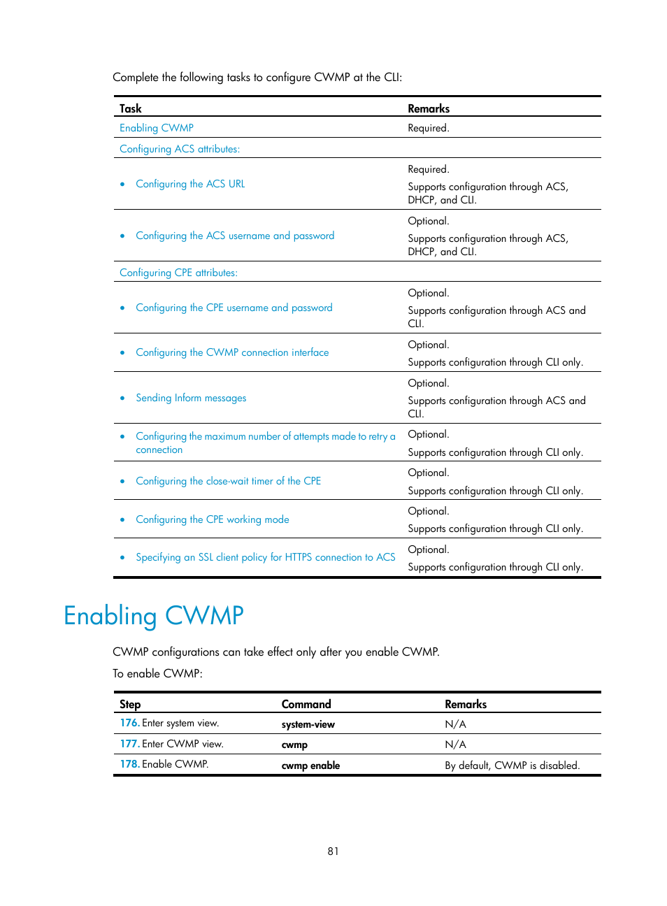 Enabling cwmp | H3C Technologies H3C MSR 50 User Manual | Page 94 / 239