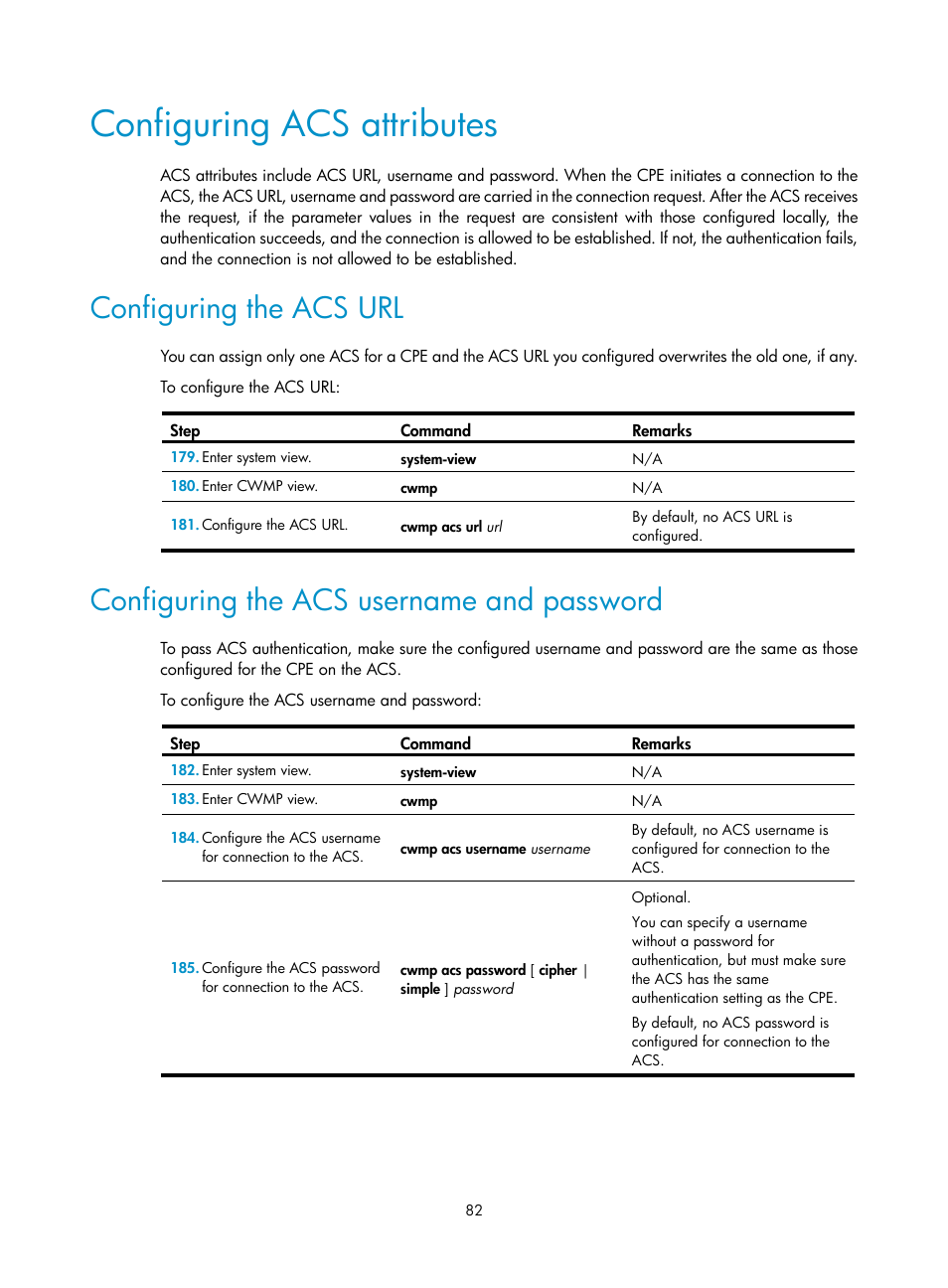 Configuring acs attributes, Configuring the acs url, Configuring the acs username and password | H3C Technologies H3C MSR 50 User Manual | Page 95 / 239
