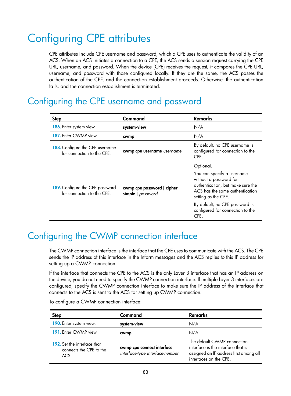 Configuring cpe attributes, Configuring the cpe username and password, Configuring the cwmp connection interface | H3C Technologies H3C MSR 50 User Manual | Page 96 / 239