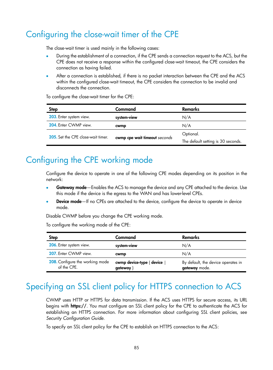 Configuring the close-wait timer of the cpe, Configuring the cpe working mode | H3C Technologies H3C MSR 50 User Manual | Page 98 / 239
