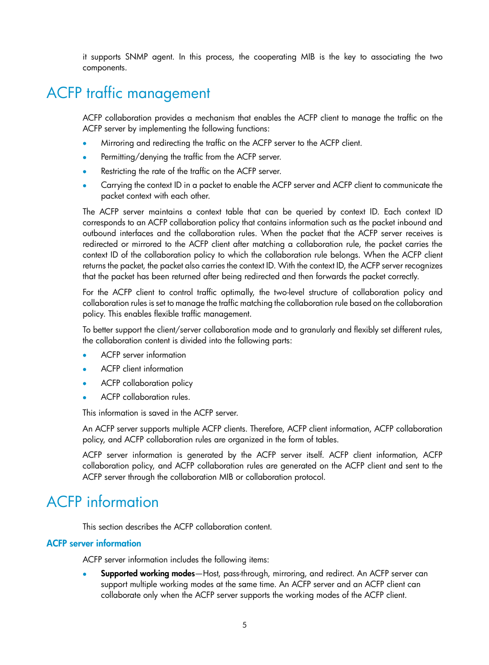 Acfp traffic management, Acfp information, Acfp server information | H3C Technologies H3C MSR 50 User Manual | Page 12 / 26