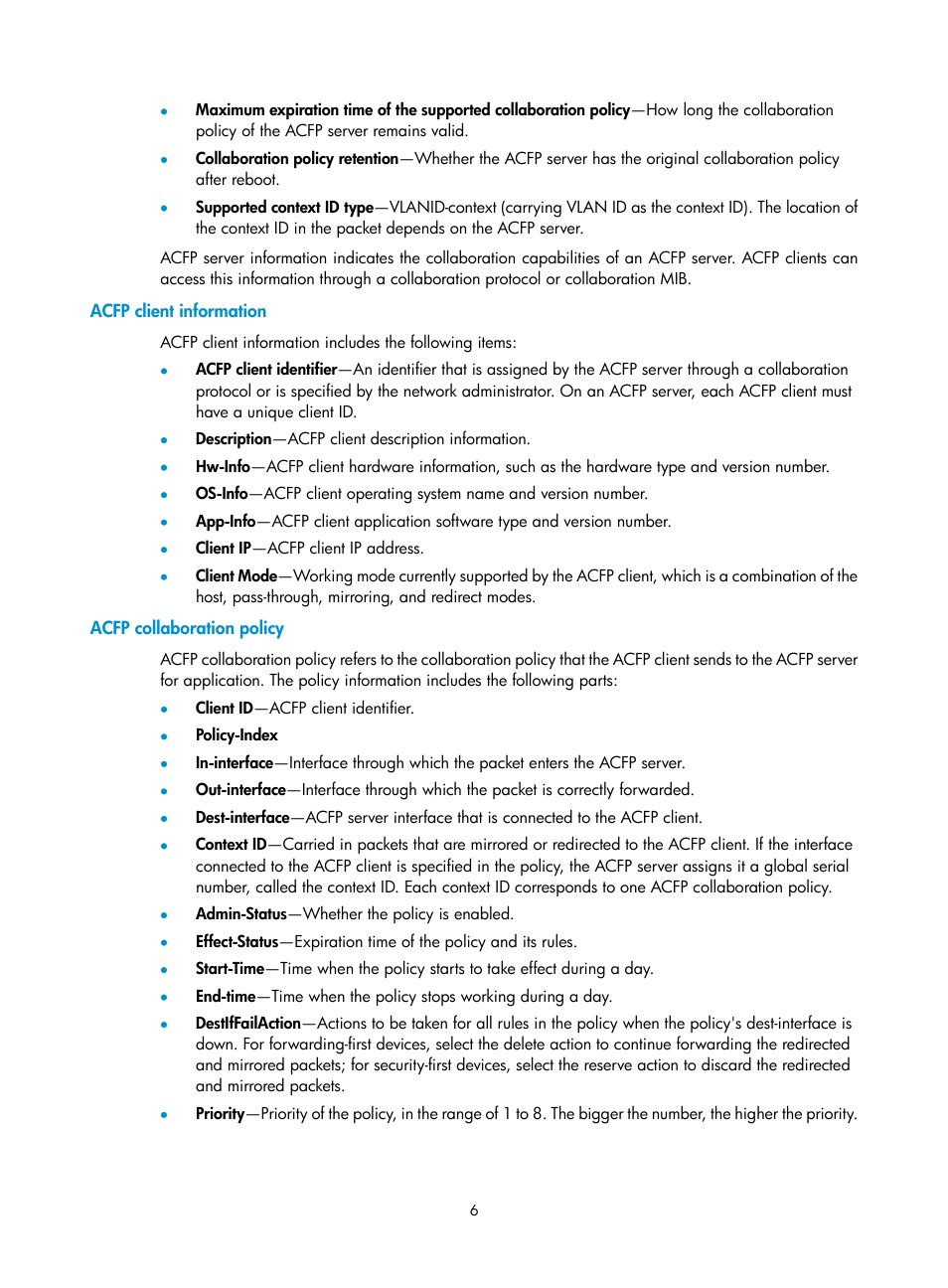 Acfp client information, Acfp collaboration policy | H3C Technologies H3C MSR 50 User Manual | Page 13 / 26