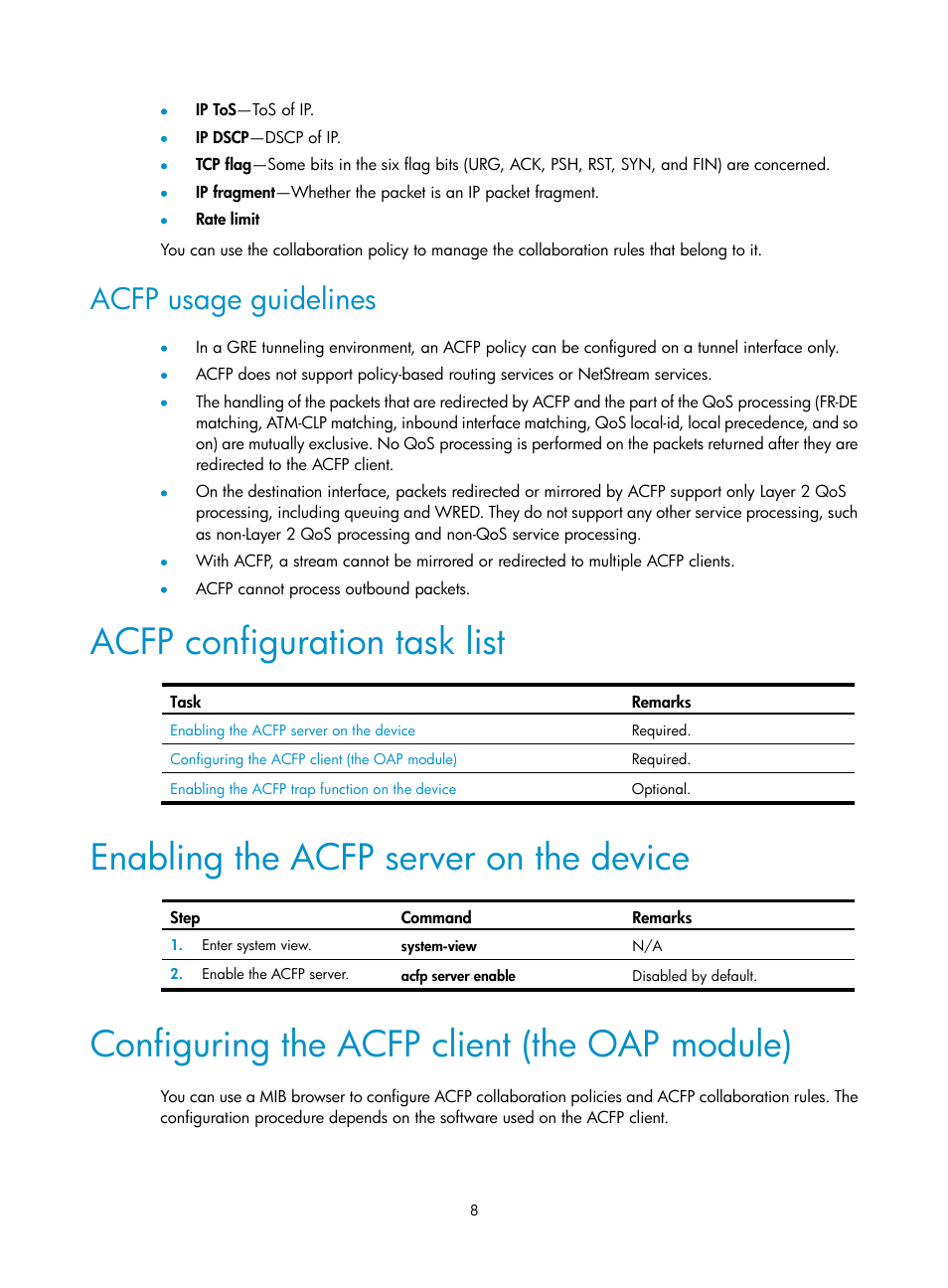 Acfp usage guidelines, Acfp configuration task list, Enabling the acfp server on the device | Configuring the acfp client (the oap module) | H3C Technologies H3C MSR 50 User Manual | Page 15 / 26