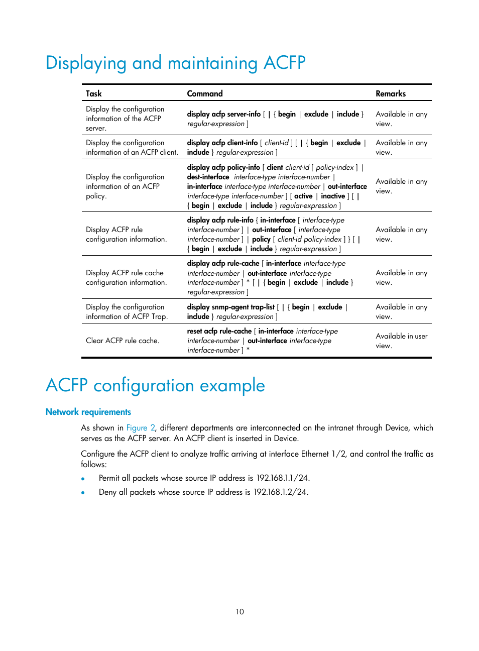 Displaying and maintaining acfp, Acfp configuration example, Network requirements | H3C Technologies H3C MSR 50 User Manual | Page 17 / 26