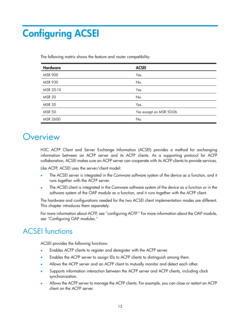 Configuring acsei, Overview, Acsei functions | H3C Technologies H3C MSR 50 User Manual | Page 20 / 26