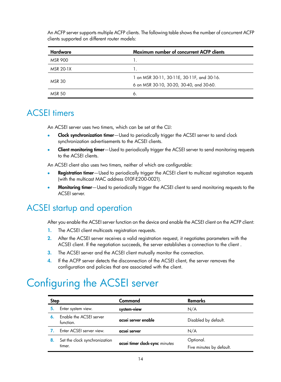 Acsei timers, Acsei startup and operation, Configuring the acsei server | H3C Technologies H3C MSR 50 User Manual | Page 21 / 26