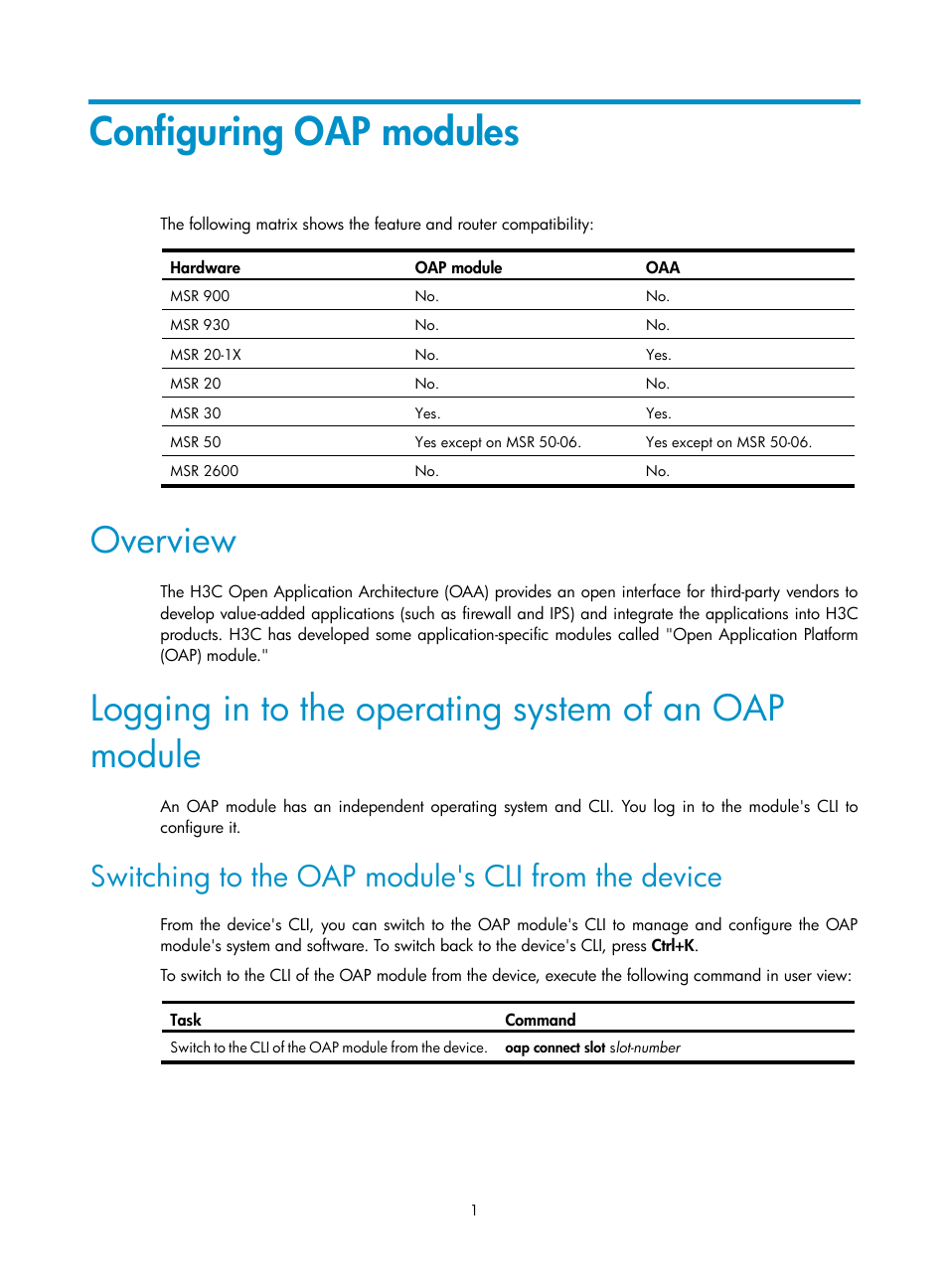 Configuring oap modules, Overview, Switching to the oap module's cli from the device | H3C Technologies H3C MSR 50 User Manual | Page 8 / 26