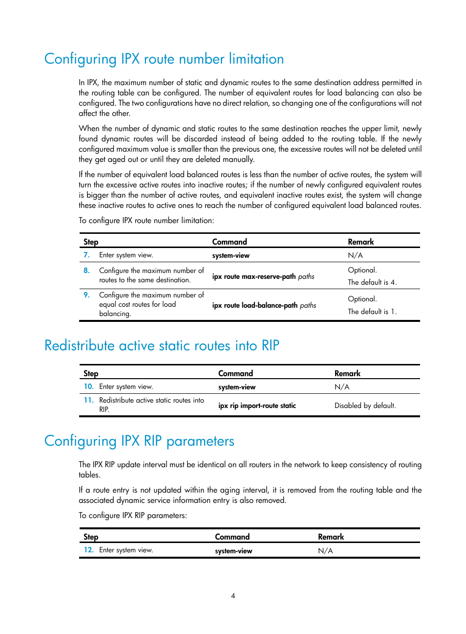 Configuring ipx route number limitation, Redistribute active static routes into rip, Configuring ipx rip parameters | H3C Technologies H3C MSR 50 User Manual | Page 11 / 22