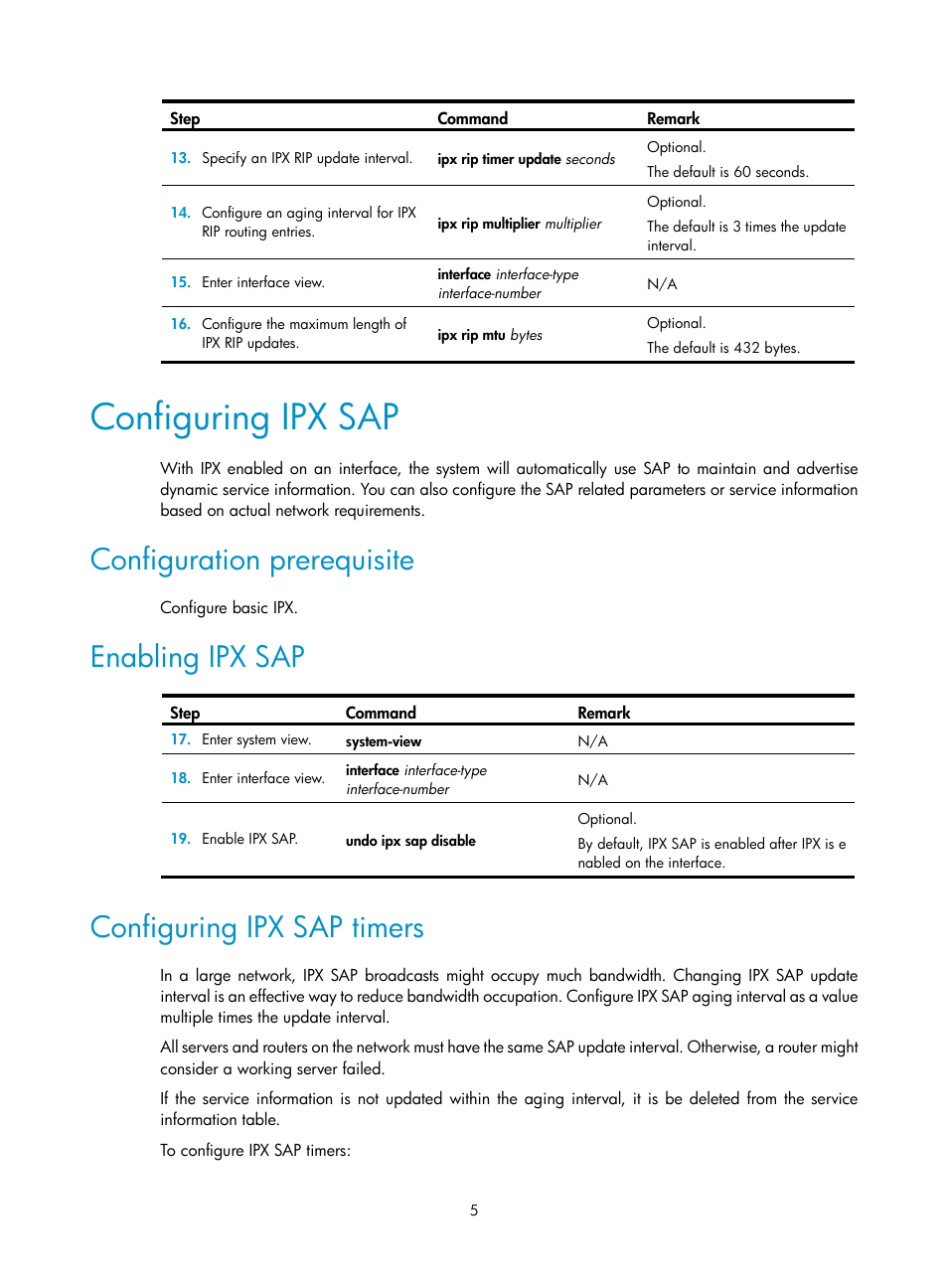 Configuring ipx sap, Configuration prerequisite, Enabling ipx sap | Configuring ipx sap timers | H3C Technologies H3C MSR 50 User Manual | Page 12 / 22