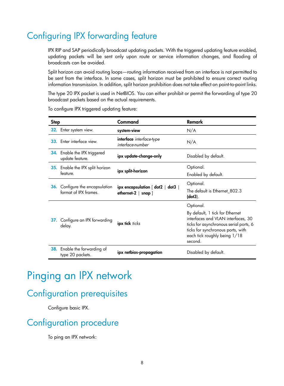 Configuring ipx forwarding feature, Pinging an ipx network, Configuration prerequisites | Configuration procedure | H3C Technologies H3C MSR 50 User Manual | Page 15 / 22