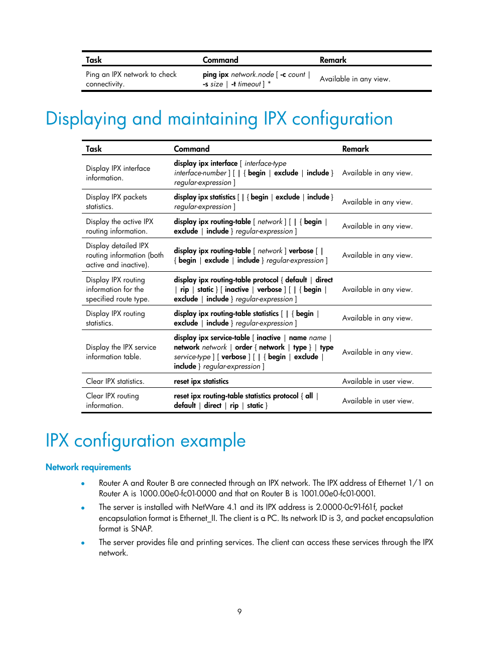 Displaying and maintaining ipx configuration, Ipx configuration example, Network requirements | H3C Technologies H3C MSR 50 User Manual | Page 16 / 22