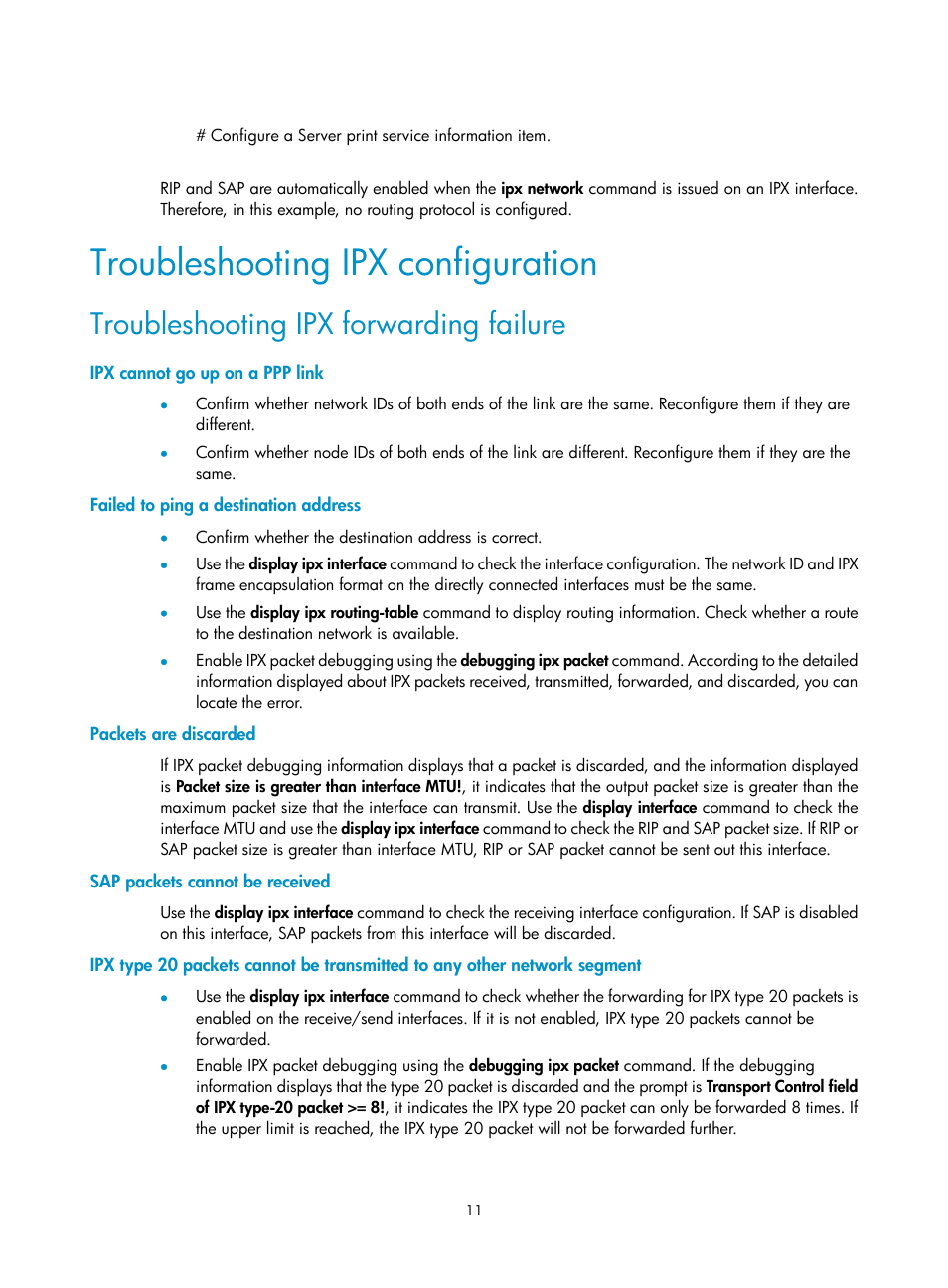 Troubleshooting ipx configuration, Troubleshooting ipx forwarding failure, Ipx cannot go up on a ppp link | Failed to ping a destination address, Packets are discarded, Sap packets cannot be received | H3C Technologies H3C MSR 50 User Manual | Page 18 / 22