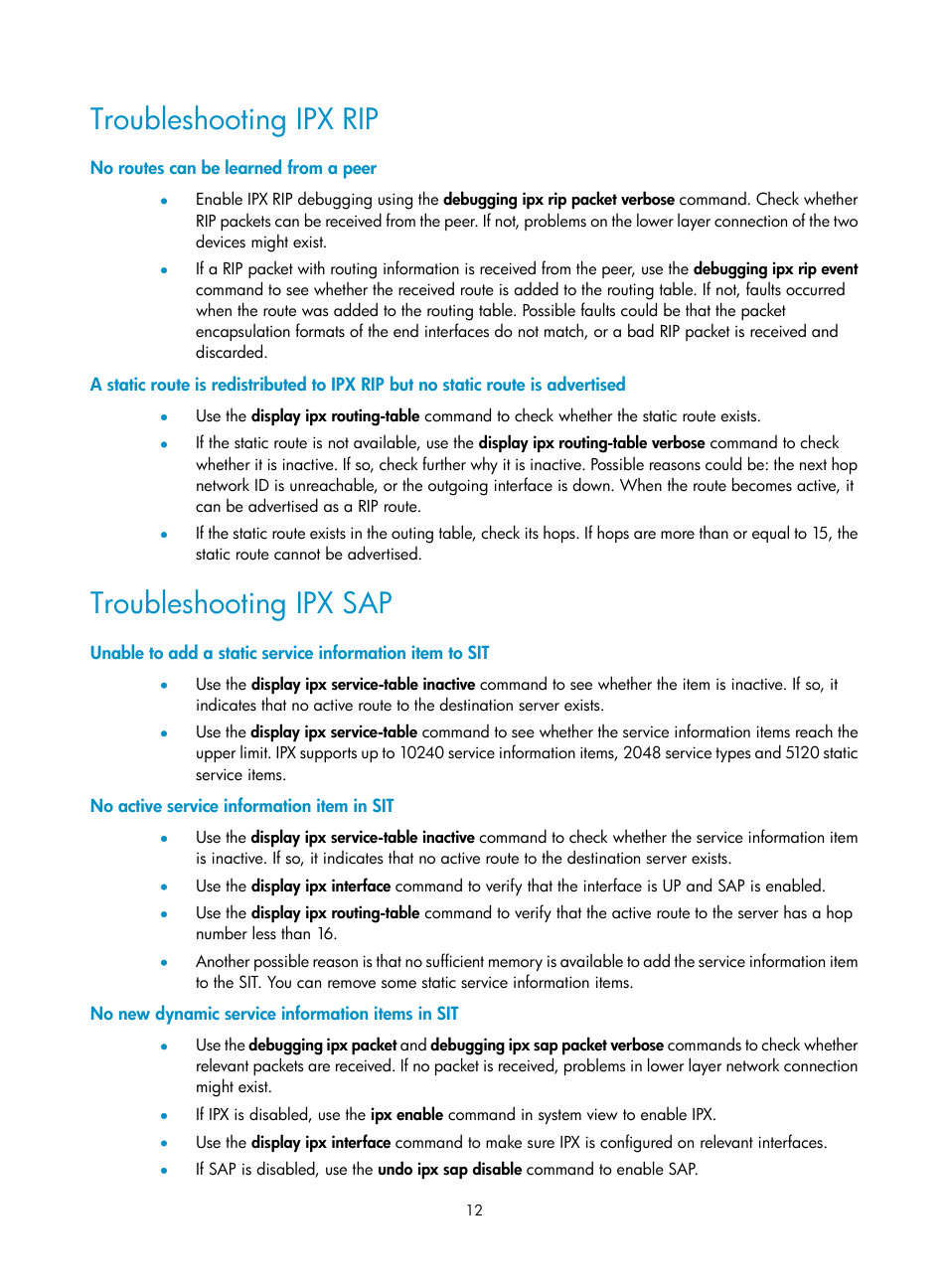 Troubleshooting ipx rip, No routes can be learned from a peer, Troubleshooting ipx sap | No active service information item in sit, No new dynamic service information items in sit | H3C Technologies H3C MSR 50 User Manual | Page 19 / 22