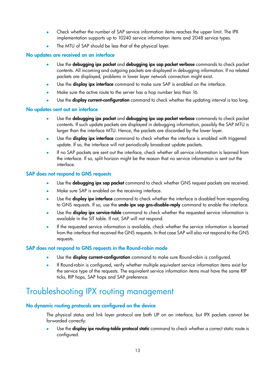 No updates are received on an interface, No updates sent out an interface, Sap does not respond to gns requests | Troubleshooting ipx routing management | H3C Technologies H3C MSR 50 User Manual | Page 20 / 22