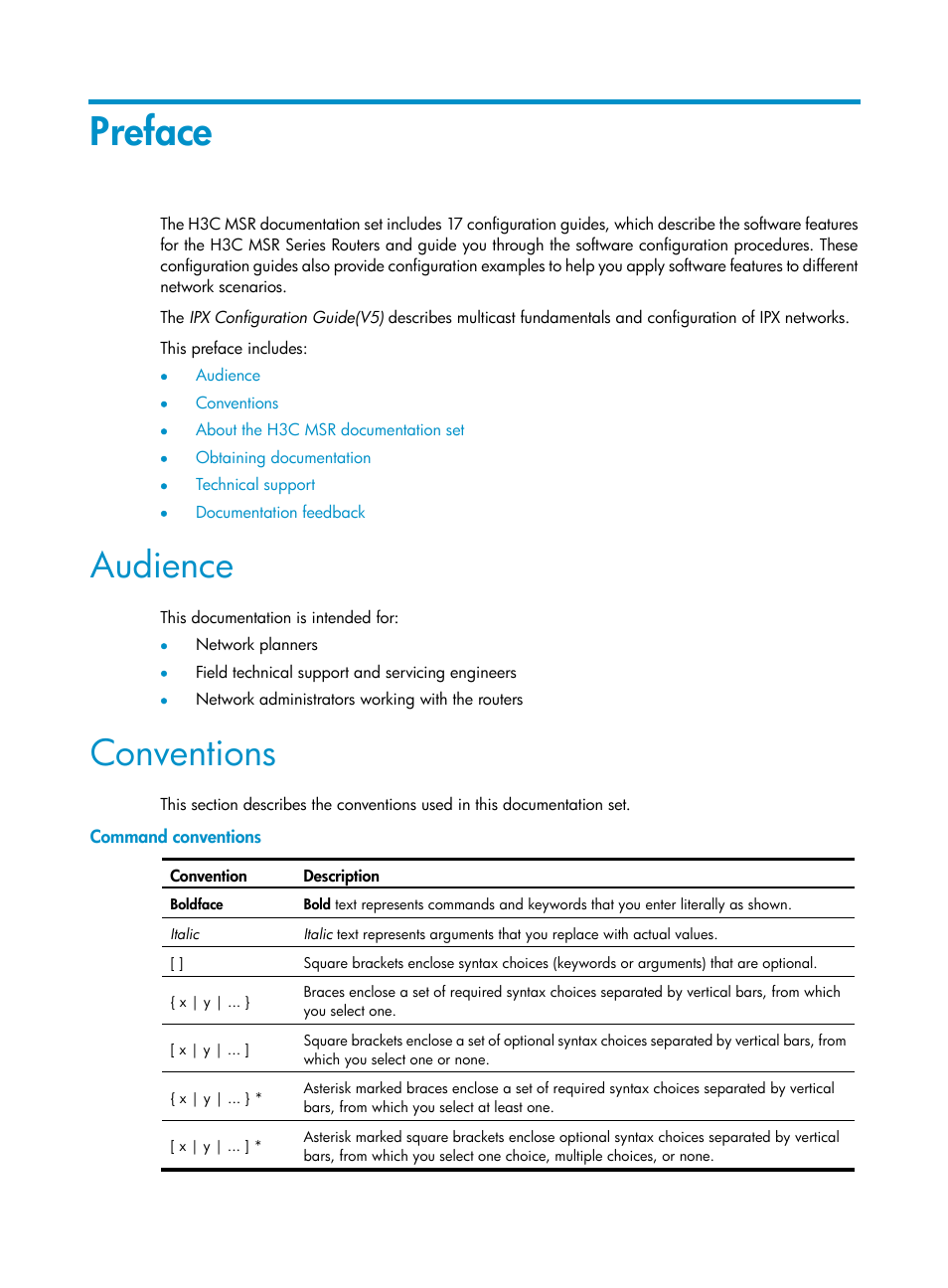 Preface, Audience, Conventions | Command conventions | H3C Technologies H3C MSR 50 User Manual | Page 3 / 22