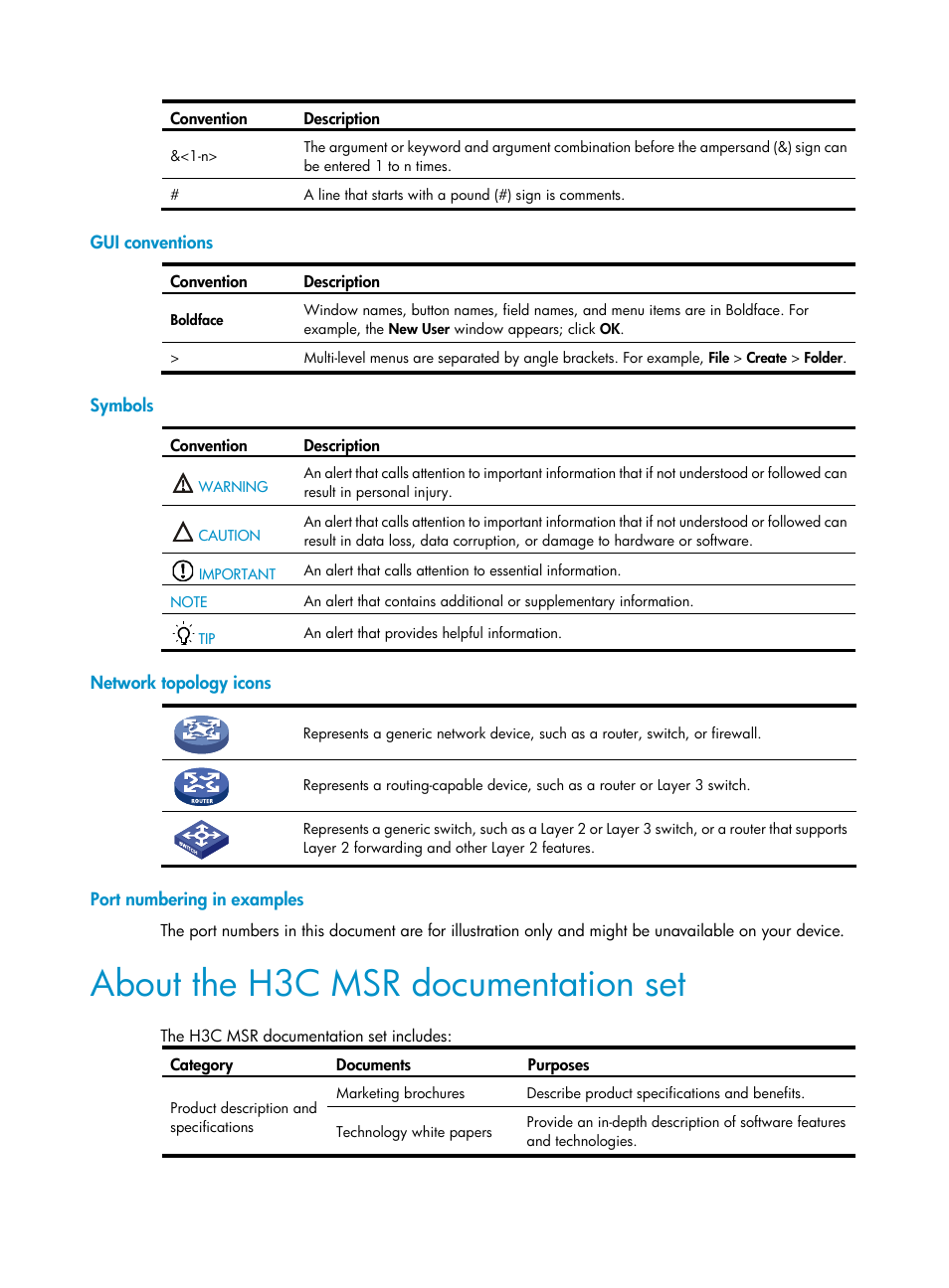 Gui conventions, Symbols, Network topology icons | Port numbering in examples, About the h3c msr documentation set | H3C Technologies H3C MSR 50 User Manual | Page 4 / 22