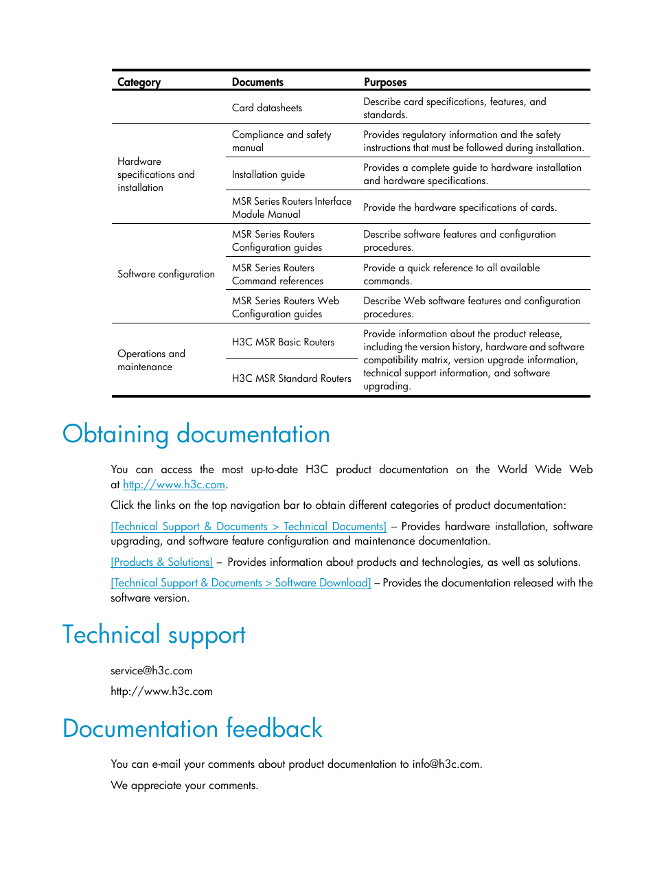 Obtaining documentation, Technical support, Documentation feedback | H3C Technologies H3C MSR 50 User Manual | Page 5 / 22