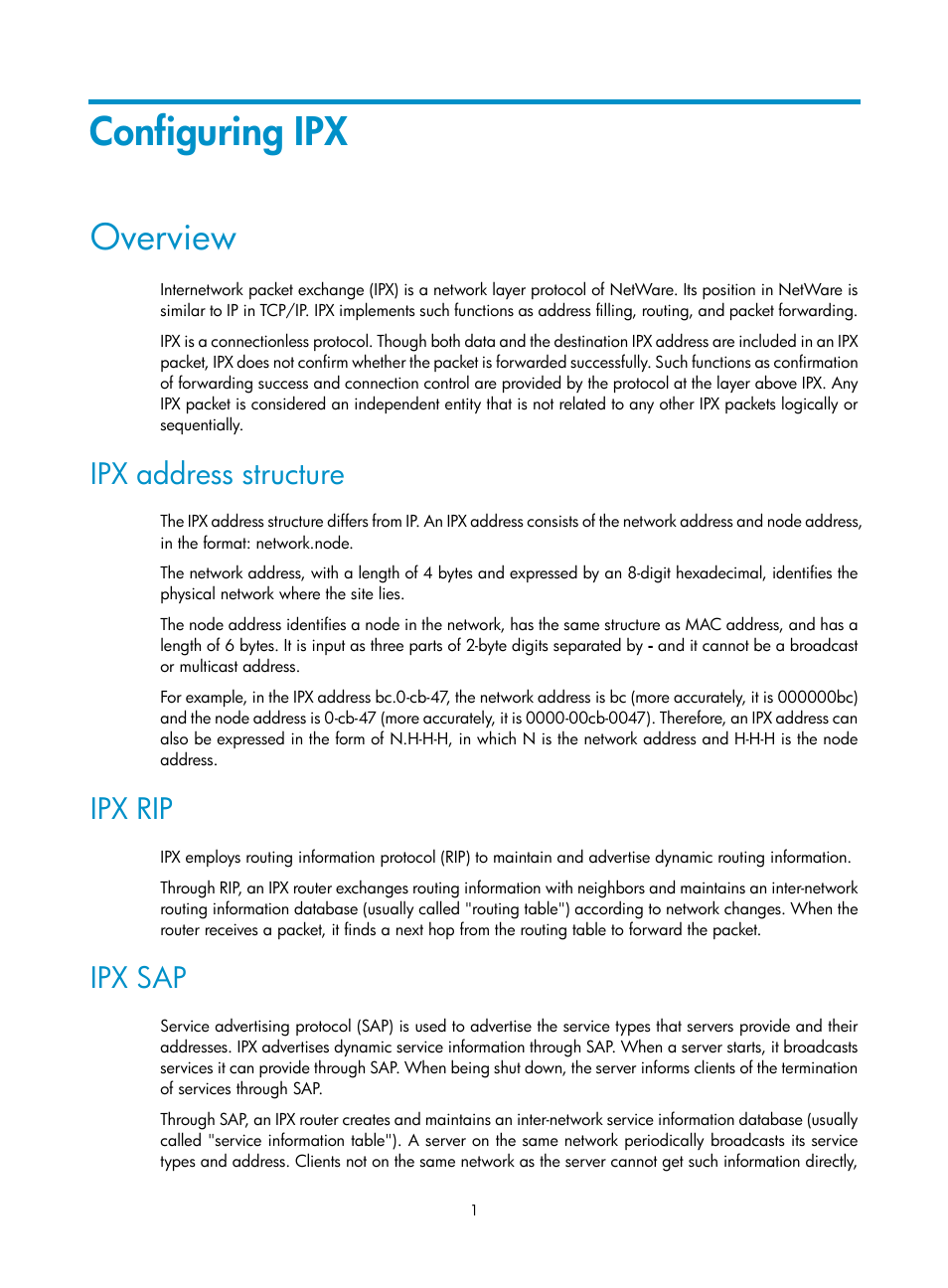 Configuring ipx, Overview, Ipx address structure | Ipx rip, Ipx sap | H3C Technologies H3C MSR 50 User Manual | Page 8 / 22