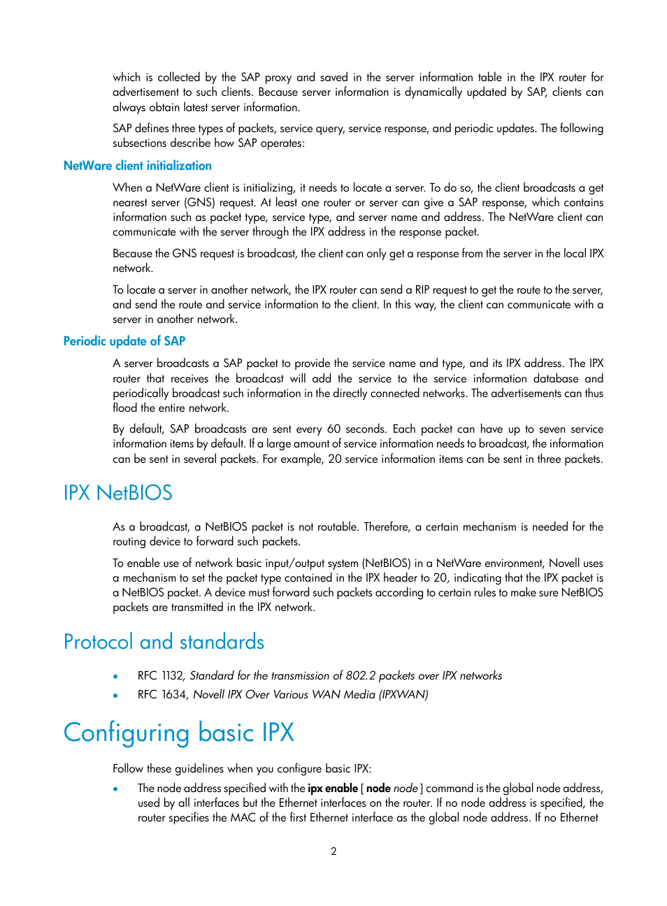 Netware client initialization, Periodic update of sap, Ipx netbios | Protocol and standards, Configuring basic ipx | H3C Technologies H3C MSR 50 User Manual | Page 9 / 22