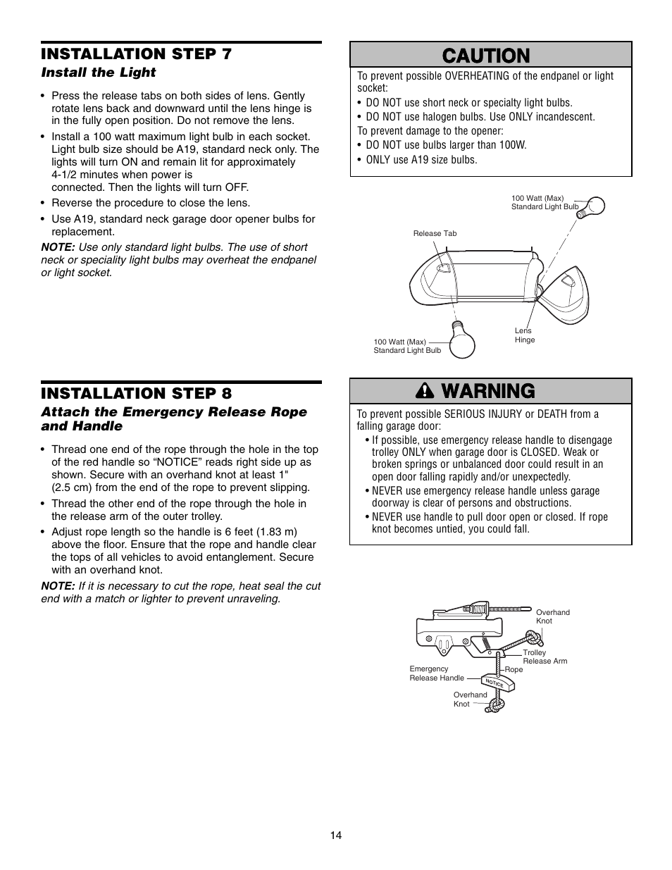 Step 7 install the light, Warning caution warning warning, Installation step 7 | Installation step 8 | Chamberlain 3585 3/4 HP User Manual | Page 14 / 40