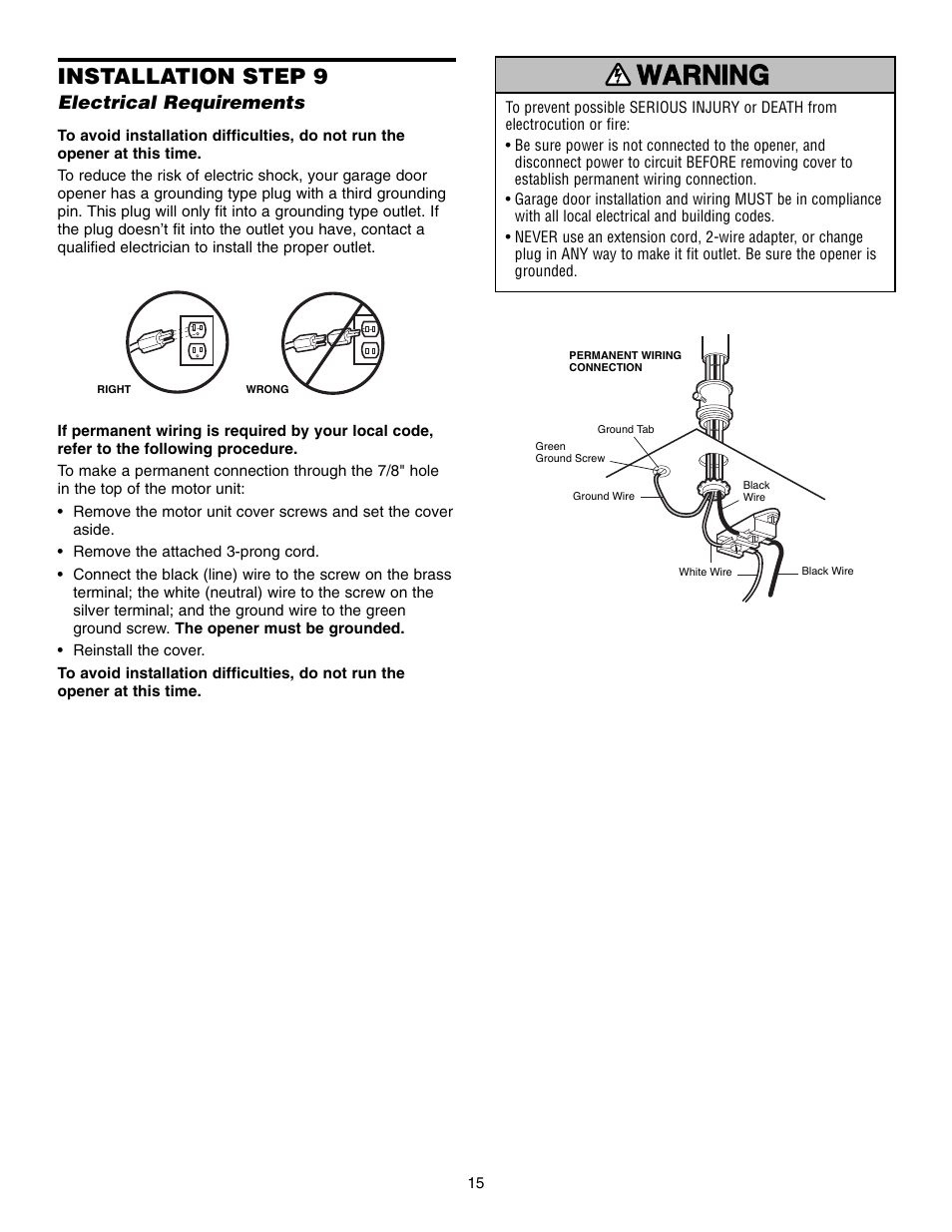 Step 9 electrical requirements, Warning caution warning warning, Installation step 9 | Chamberlain 3585 3/4 HP User Manual | Page 15 / 40