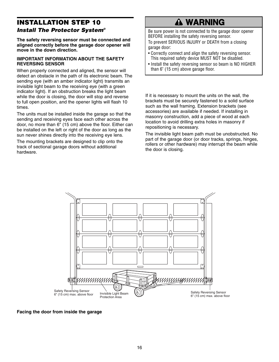 Step 10 install the protector system, Warning caution warning warning, Installation step 10 | Chamberlain 3585 3/4 HP User Manual | Page 16 / 40