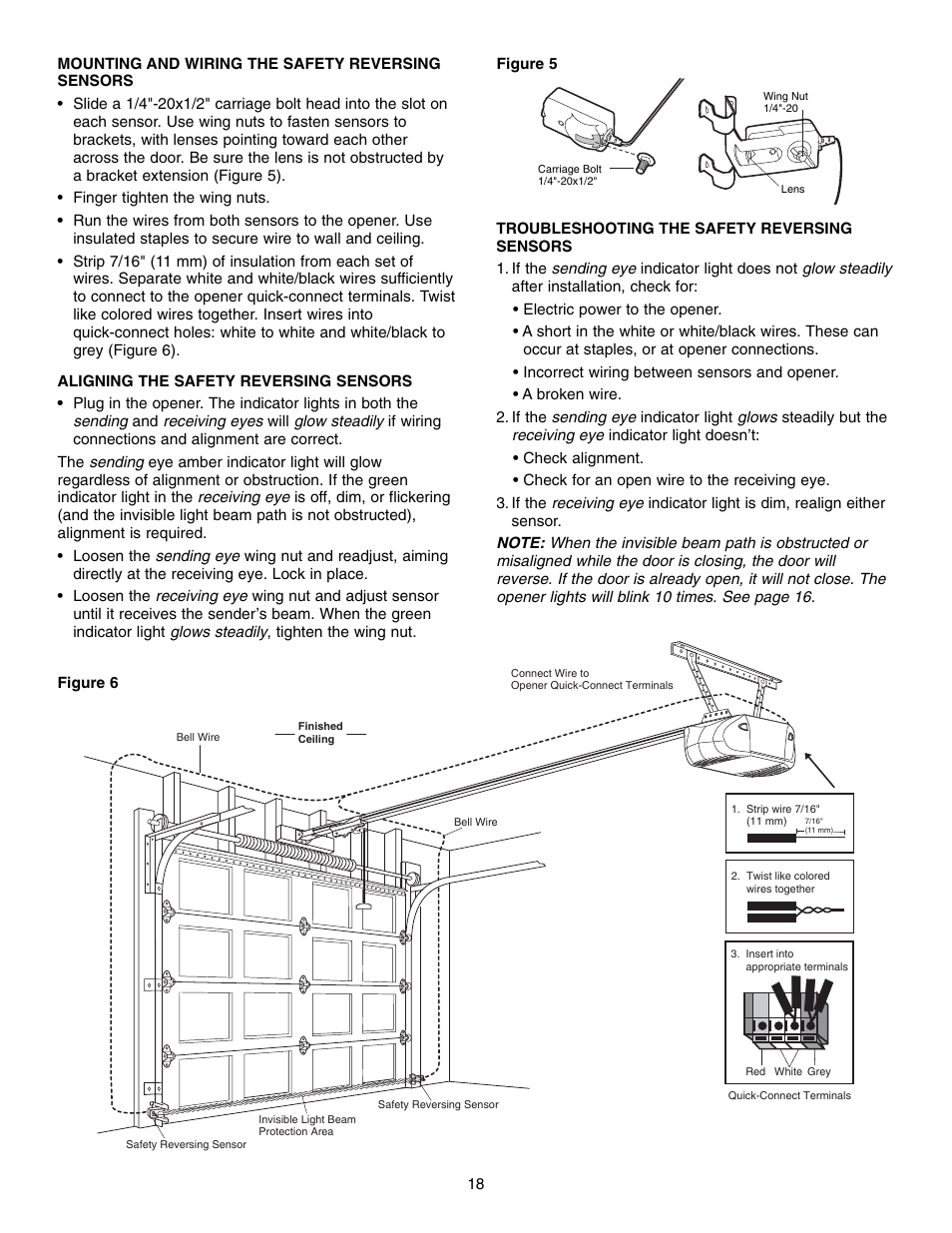 Mounting and wiring the safety reversing sensors | Chamberlain 3585 3/4 HP User Manual | Page 18 / 40