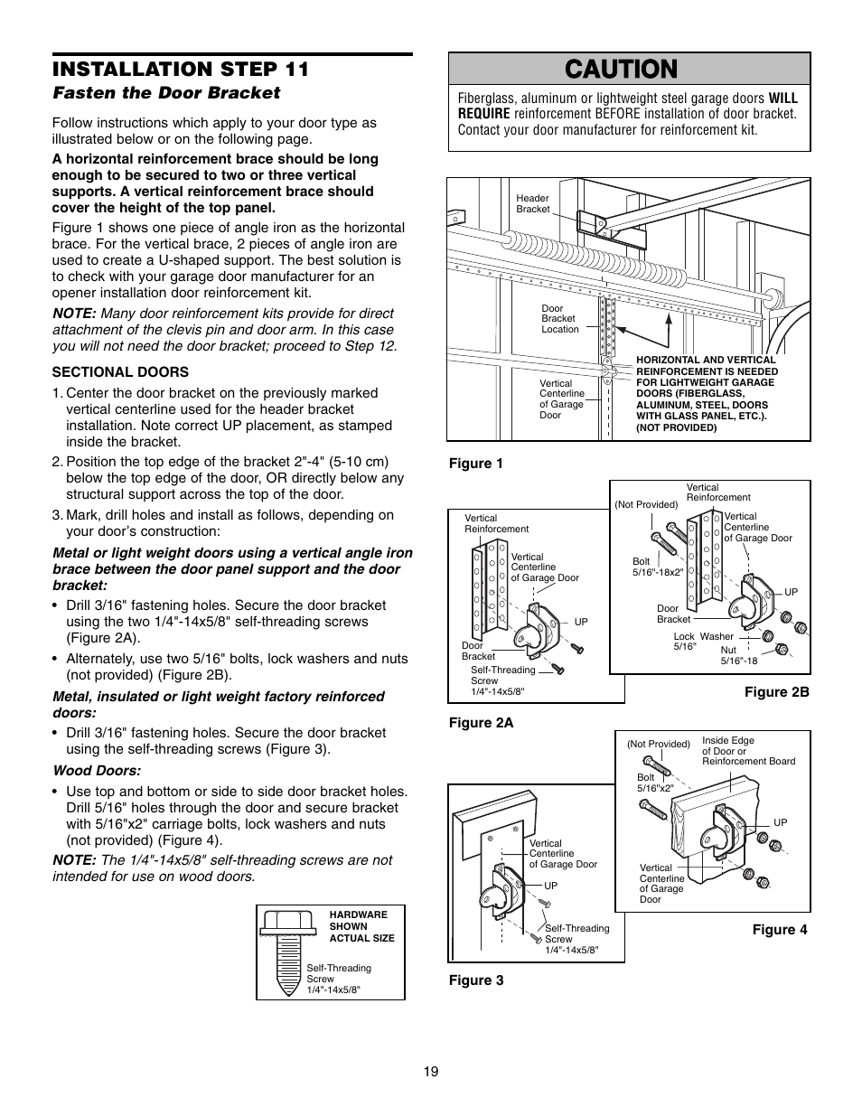 Step 11 fasten the door bracket, Sectional doors, Warning caution warning warning | Installation step 11, Fasten the door bracket | Chamberlain 3585 3/4 HP User Manual | Page 19 / 40