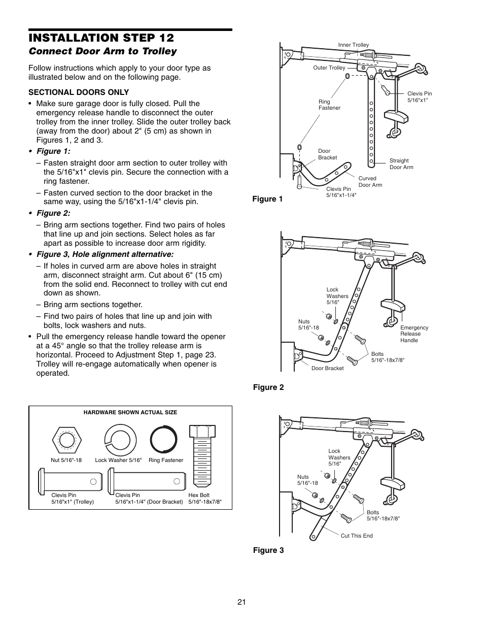 Step 12 connect door arm to trolley, Installation step 12, Connect door arm to trolley | Chamberlain 3585 3/4 HP User Manual | Page 21 / 40