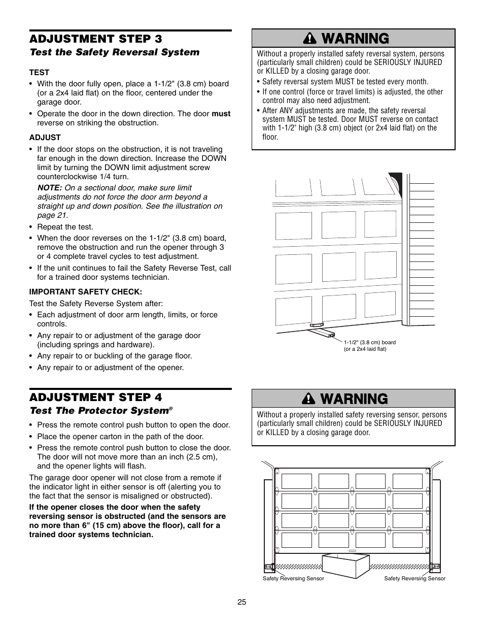 Step 3 test the safety reversal system, Step 4 test the protector system, Adjustment step 3 | Adjustment step 4 | Chamberlain 3585 3/4 HP User Manual | Page 25 / 40