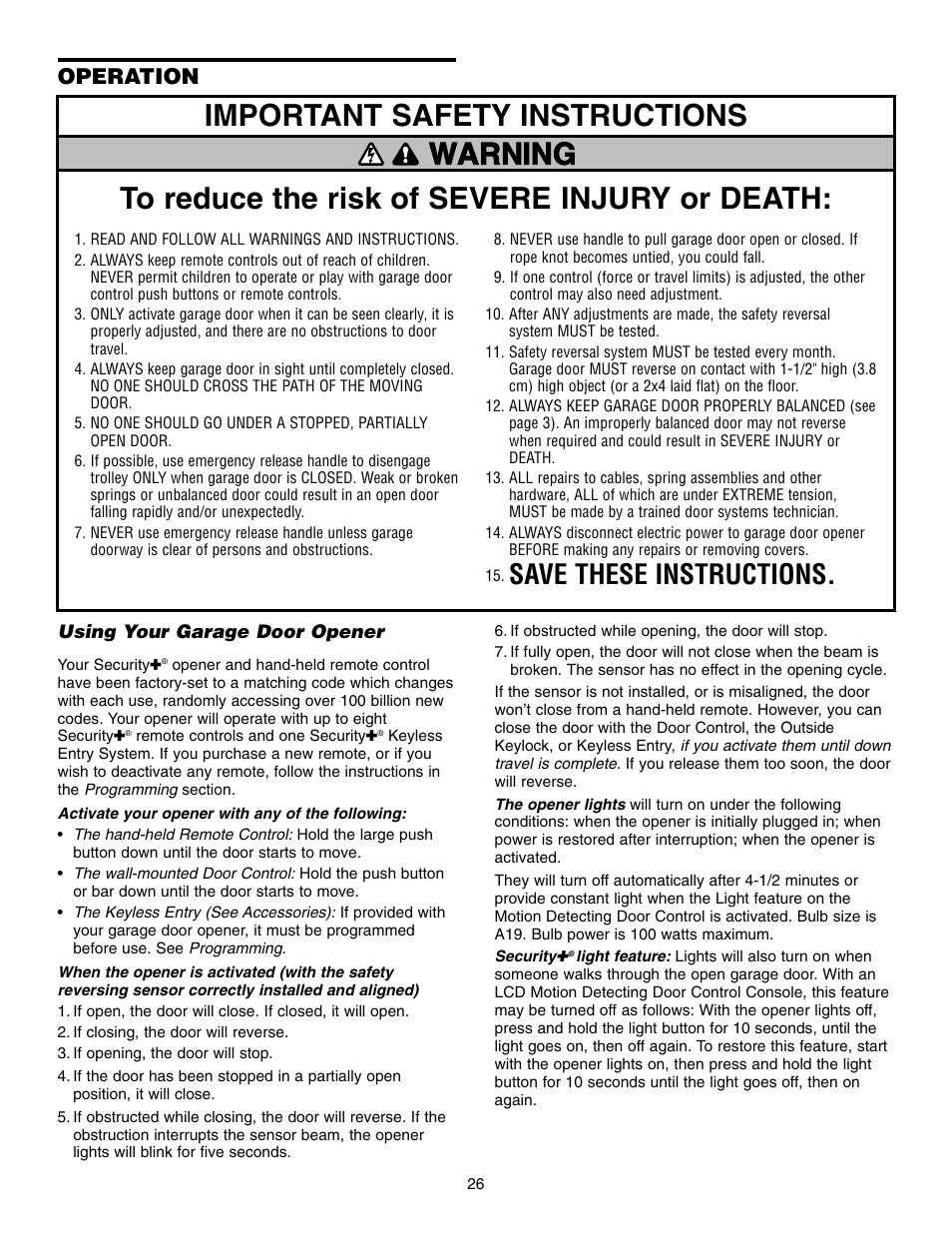 Operation, Using your garage door opener, Warning | Save these instructions | Chamberlain 3585 3/4 HP User Manual | Page 26 / 40