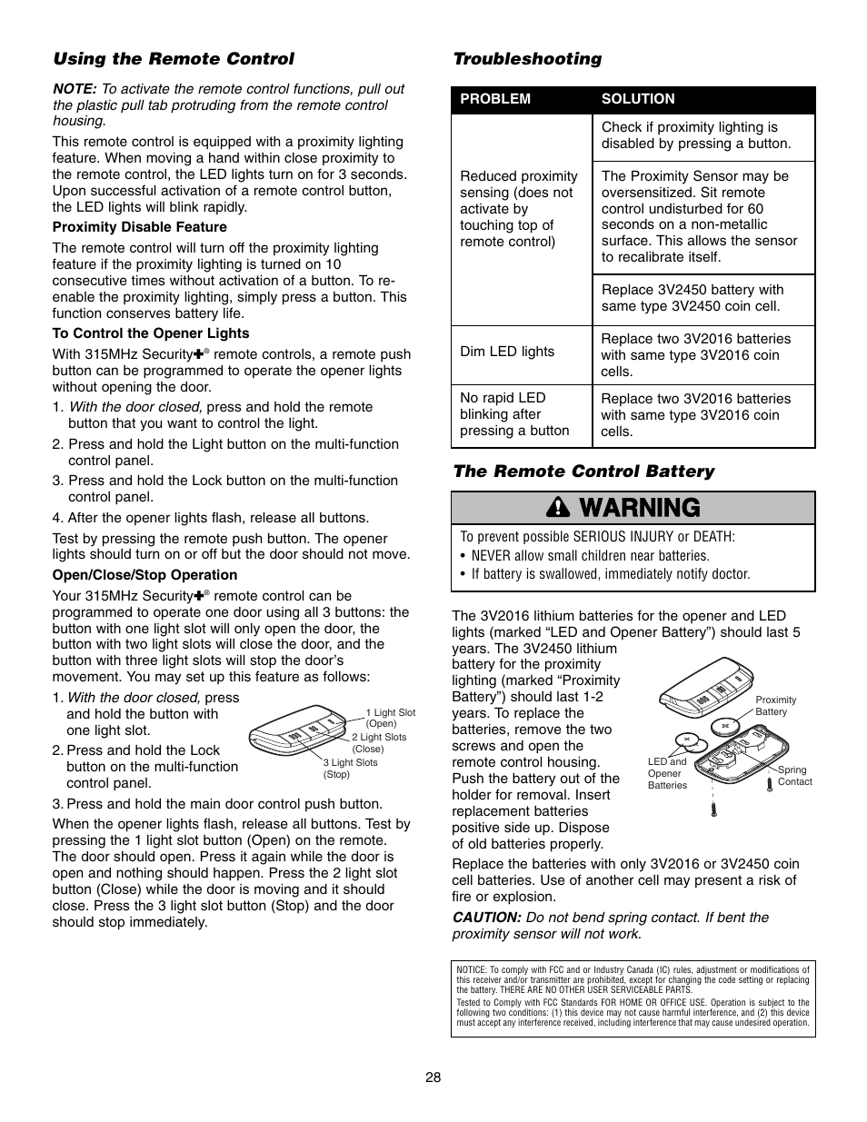 Using the remote control, Troubleshooting, The remote control battery | Warning caution warning warning | Chamberlain 3585 3/4 HP User Manual | Page 28 / 40