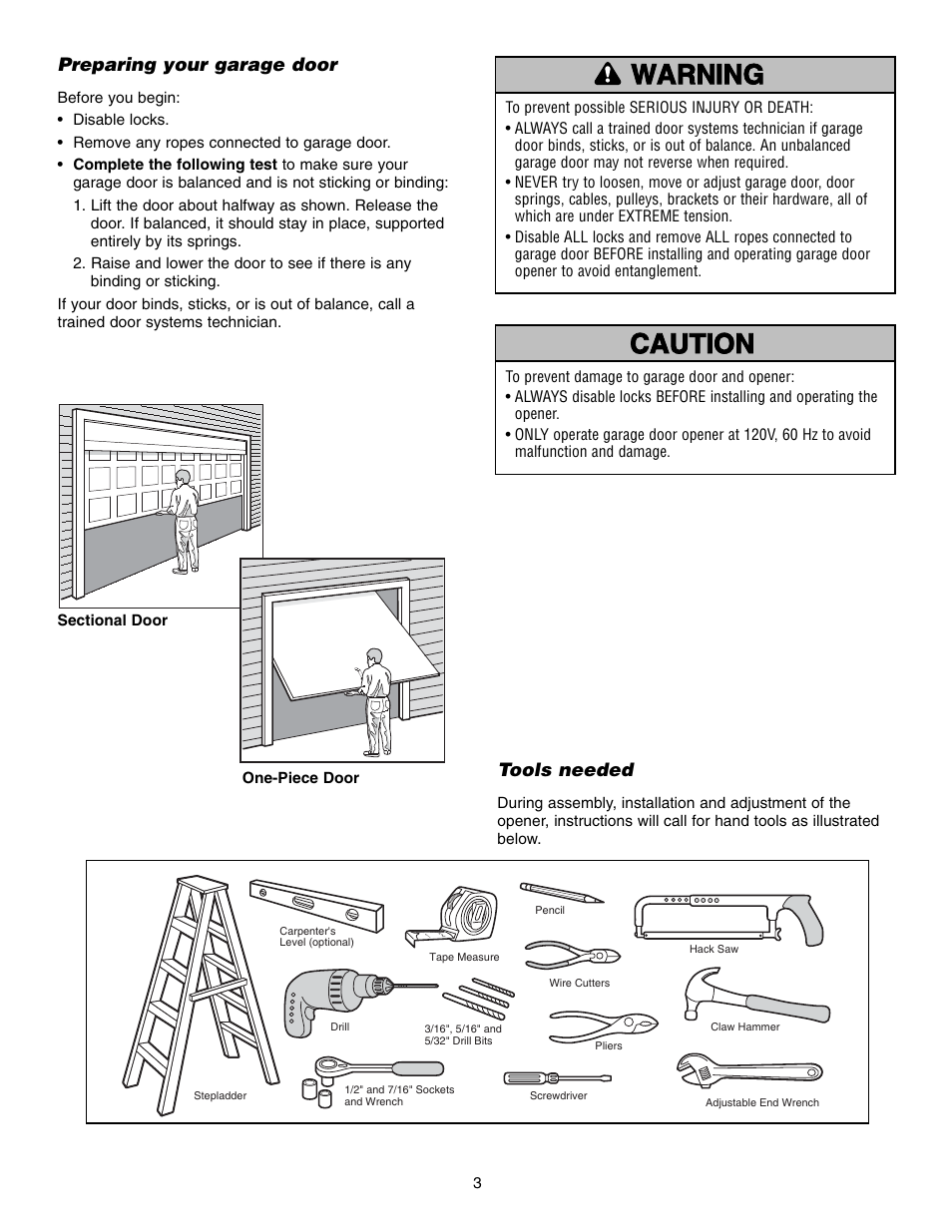 Preparing your garage door, Tools needed | Chamberlain 3585 3/4 HP User Manual | Page 3 / 40