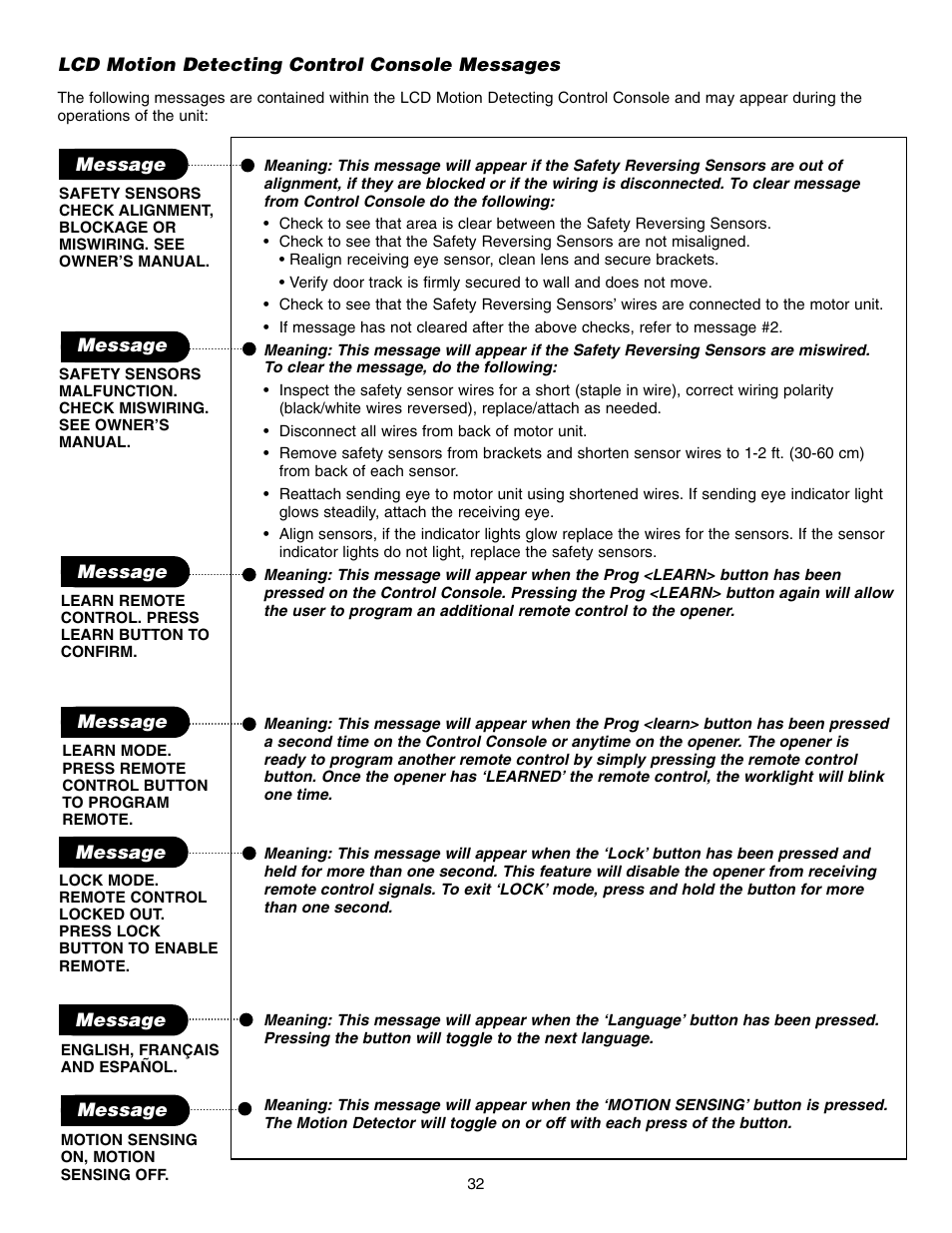 Lcd motion detecting control console messages | Chamberlain 3585 3/4 HP User Manual | Page 32 / 40