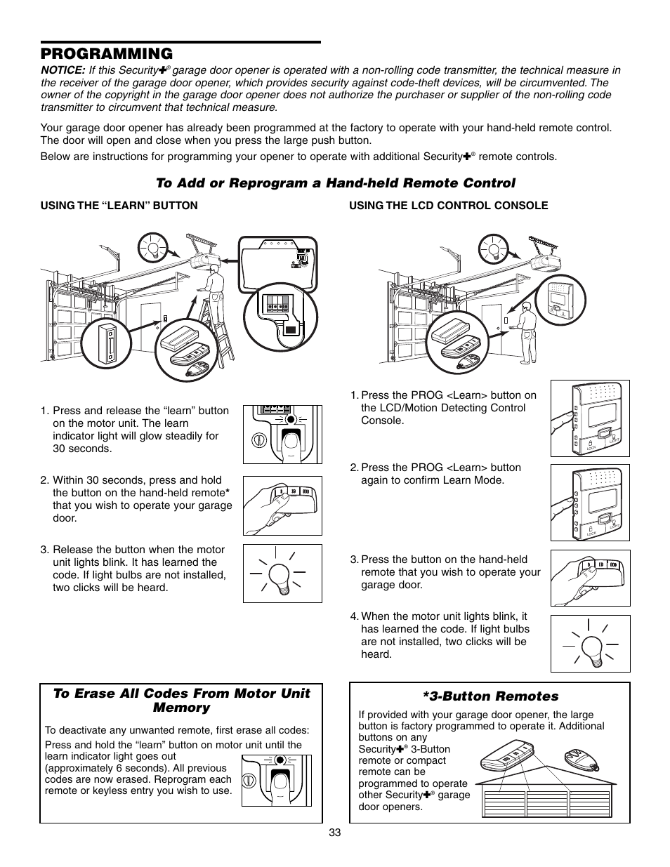 Programming, To add or reprogram a hand-held remote control, To erase all codes from motor unit memory | Button remotes | Chamberlain 3585 3/4 HP User Manual | Page 33 / 40