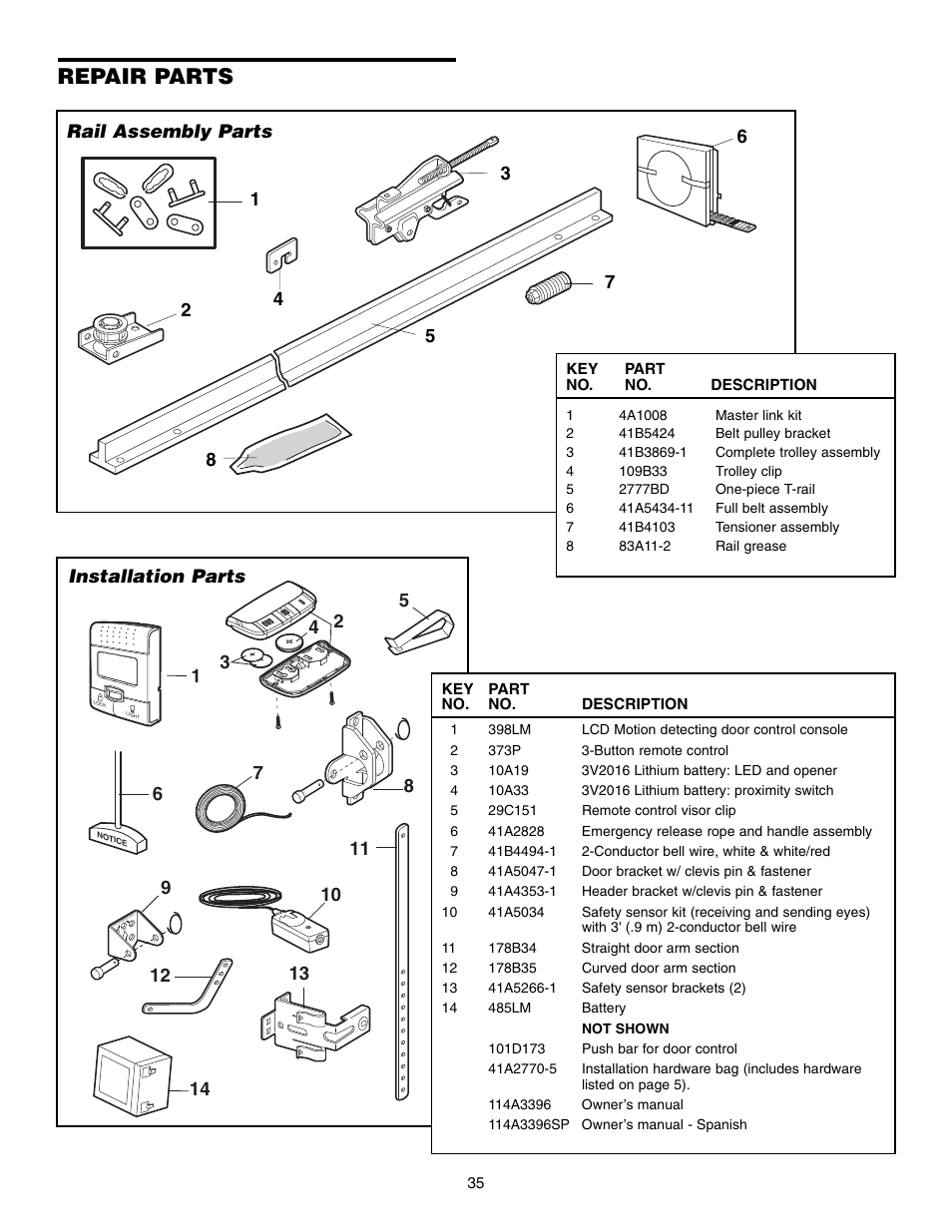 Repair parts, Installation parts, Rail assembly parts | 34 2 installation parts | Chamberlain 3585 3/4 HP User Manual | Page 35 / 40