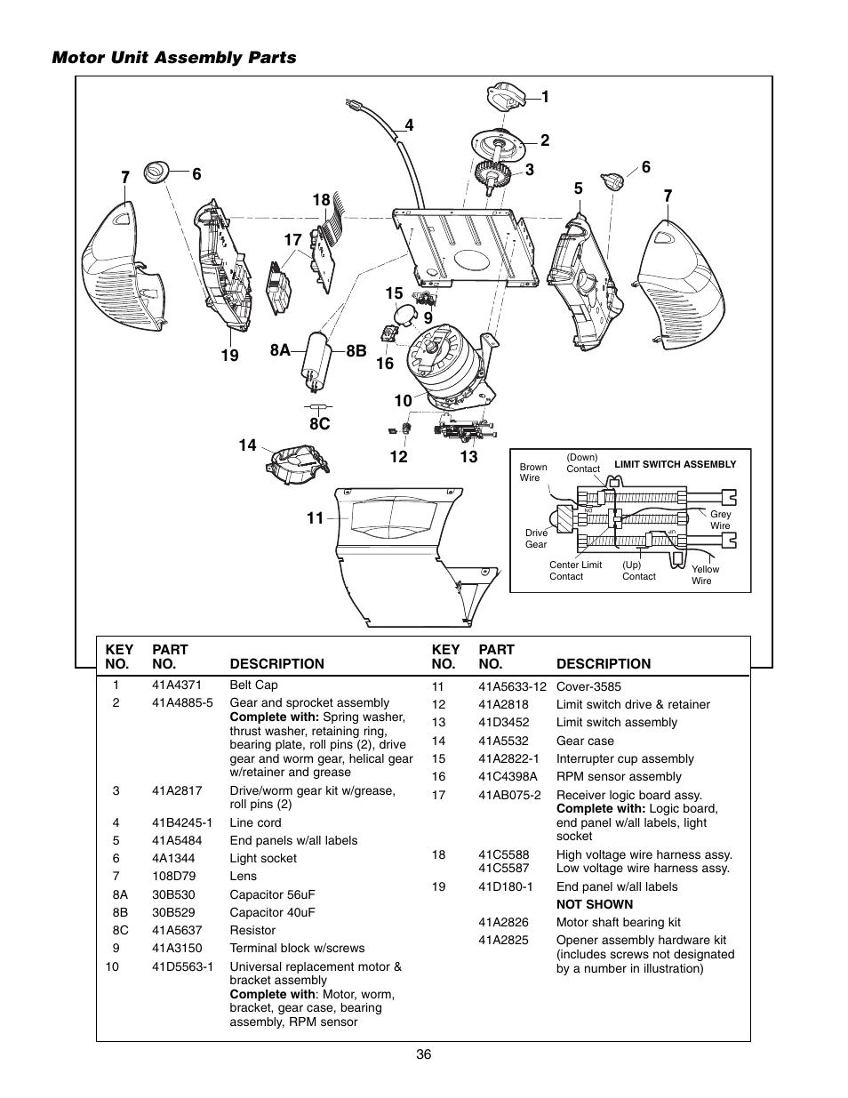 Motor unit assembly parts | Chamberlain 3585 3/4 HP User Manual | Page 36 / 40