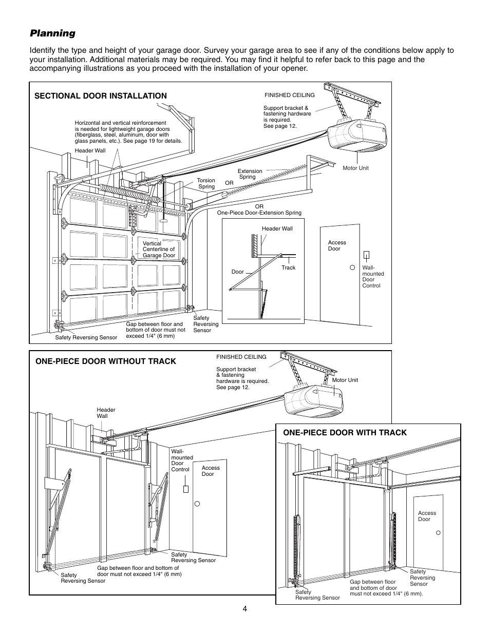 Planning, One-piece door without track 4, One-piece door with track | Chamberlain 3585 3/4 HP User Manual | Page 4 / 40