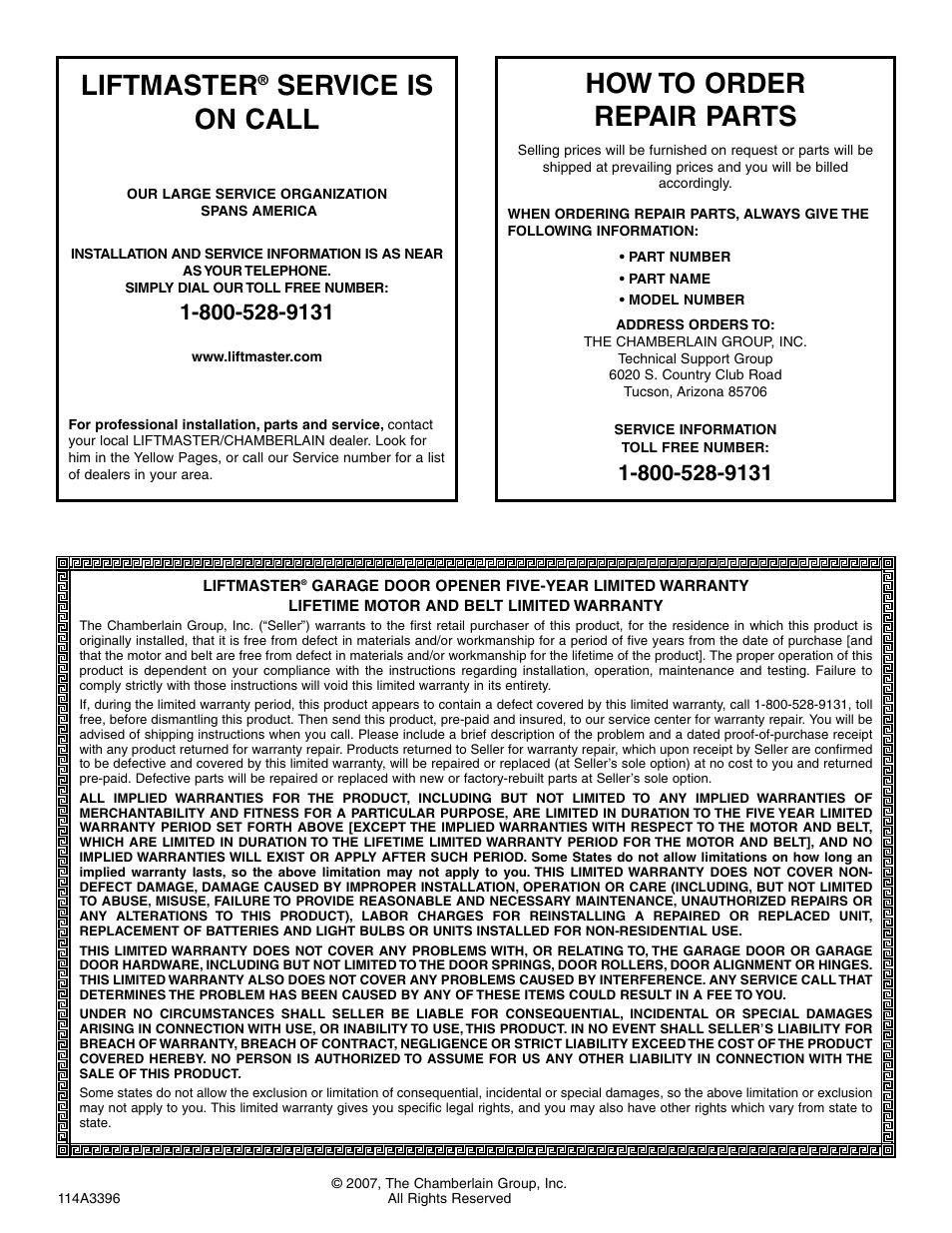 Liftmaster® service is on call, How to order repair parts, Warranty | Liftmaster, Service is on call | Chamberlain 3585 3/4 HP User Manual | Page 40 / 40