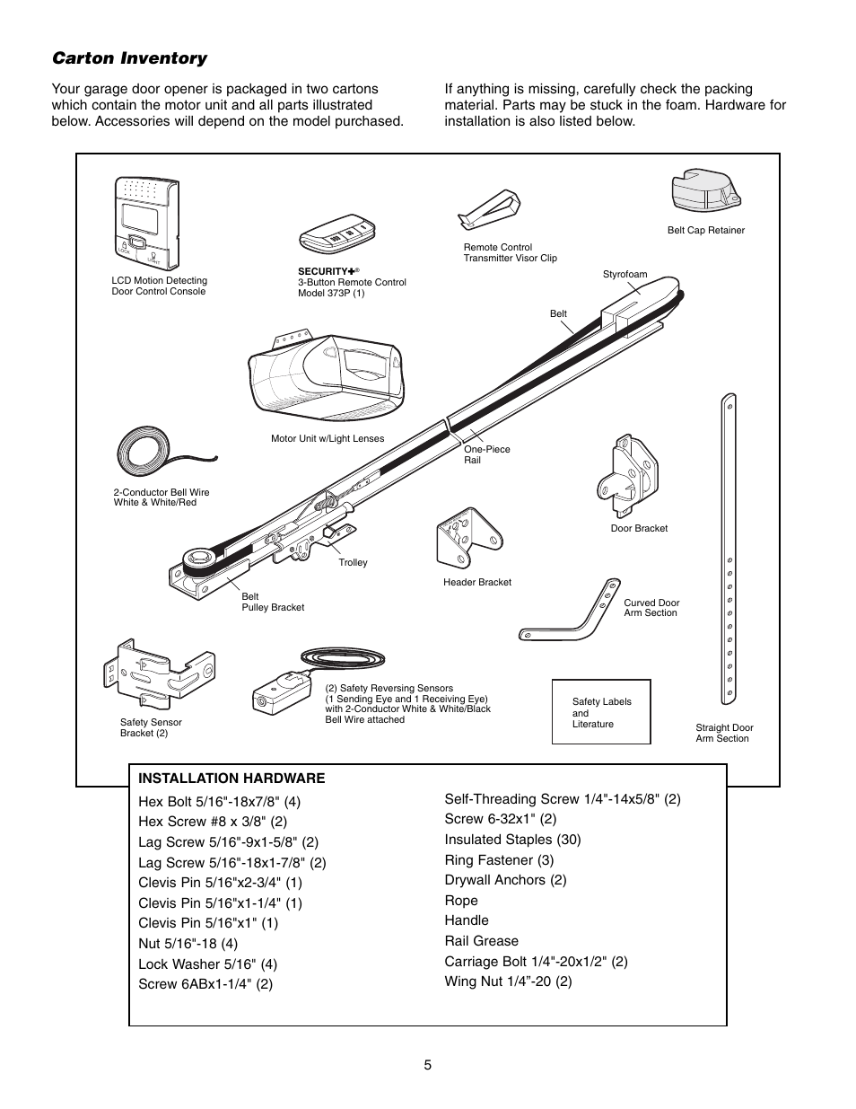 Carton inventory, Installation hardware | Chamberlain 3585 3/4 HP User Manual | Page 5 / 40