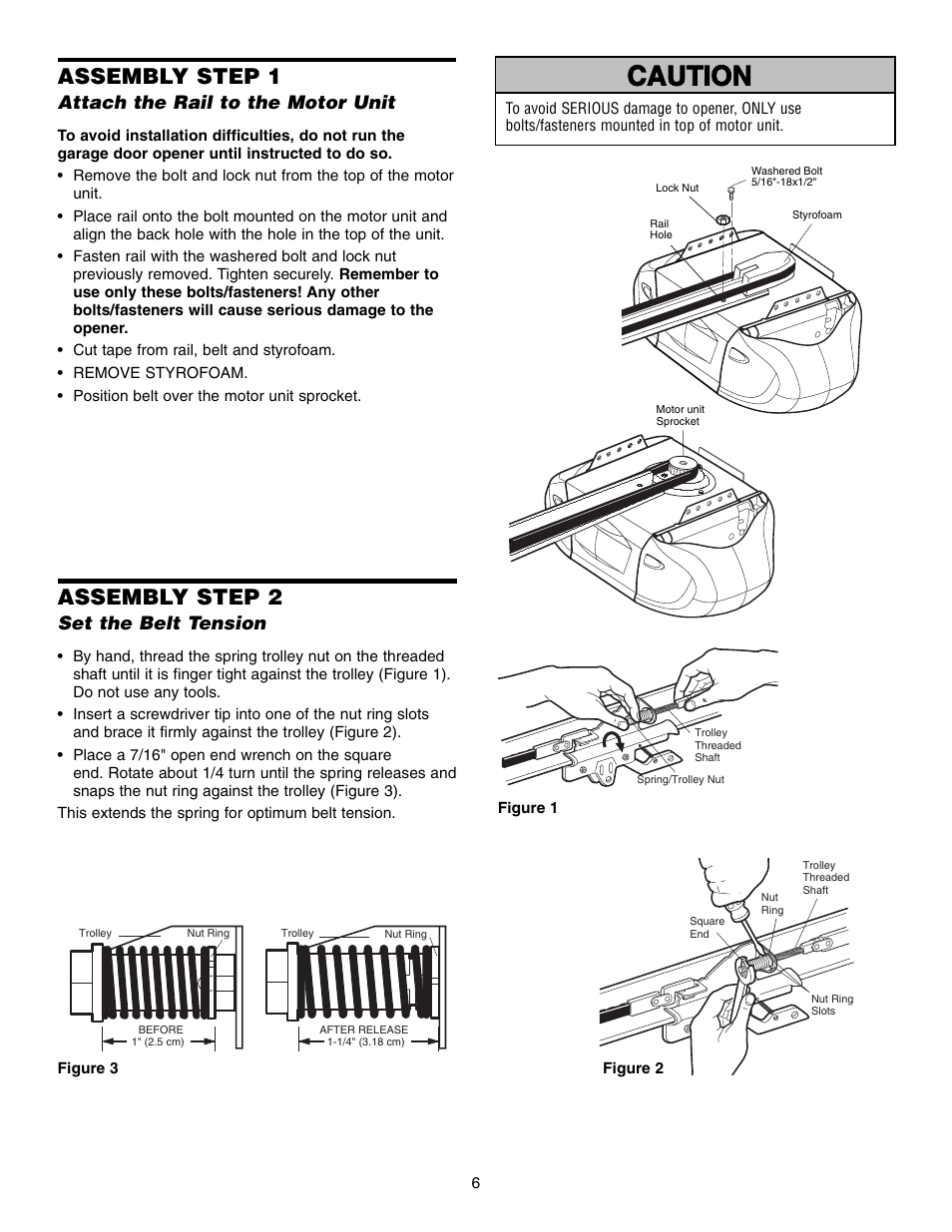 Assembly, Step 1 attach the rail to the motor unit, Step 2 set the belt tension | Warning caution warning warning, Assembly step 1, Assembly step 2, Attach the rail to the motor unit, Set the belt tension | Chamberlain 3585 3/4 HP User Manual | Page 6 / 40